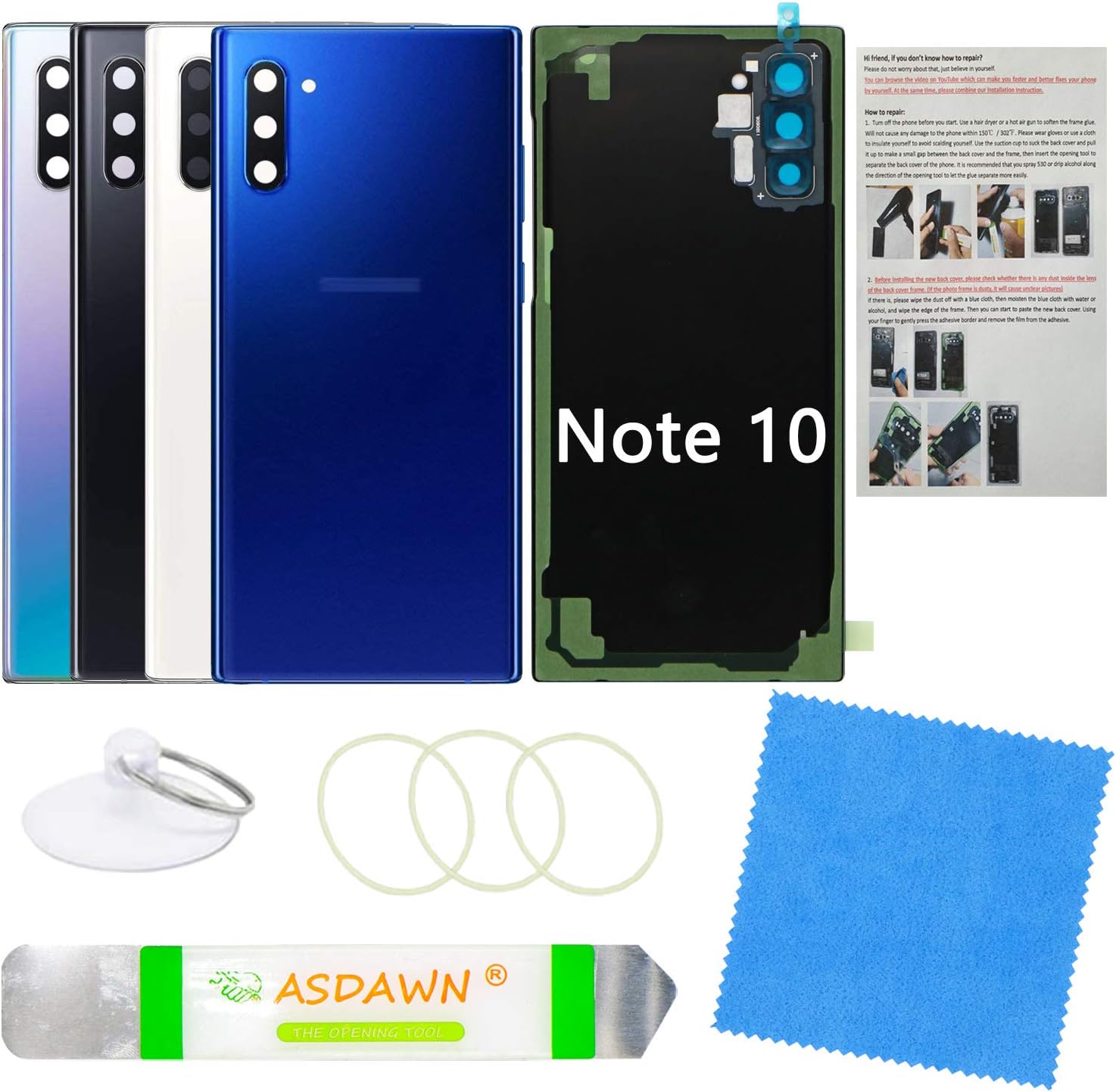 Galaxy Note 10 Replacement Back Glass Panel Case with Installation Manual + Pre-Installed Camera Lens + All The Adhesive + Repair Tool Kit for Samsung Galaxy Note 10 -N970 All Carriers (Aura Blue)