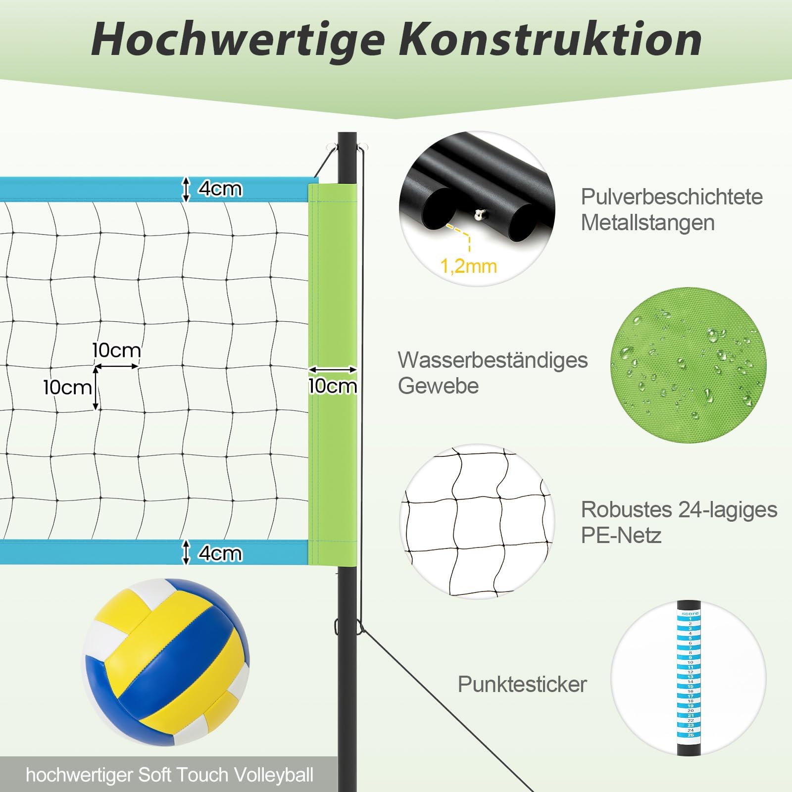 COSTWAY Volleyballnetz für Garten, Beachvolleyball Netz Outdoor 3 stufig höhenverstellbar, 9,5 x 1 m Volleyball Netz tragbar mit Volleyball & Tragetasche, Badmintonnetz für Strand, Hinterhof