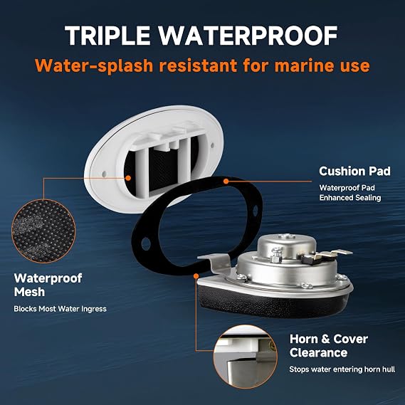 Marine Boat Horn 12V Stainless Steel Waterproof Boat Horn with Cover | Compact flush-mount, Marine-grade waterproof & anti-corrosion, Stable 12V DC operation, Loud 125dB clear warning tone