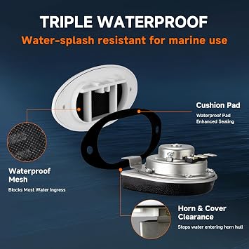 Marine Boat Horn 12V Stainless Steel Waterproof Boat Horn with Cover | Compact flush-mount, Marine-grade waterproof & anti-corrosion, Stable 12V DC operation, Loud 125dB clear warning tone