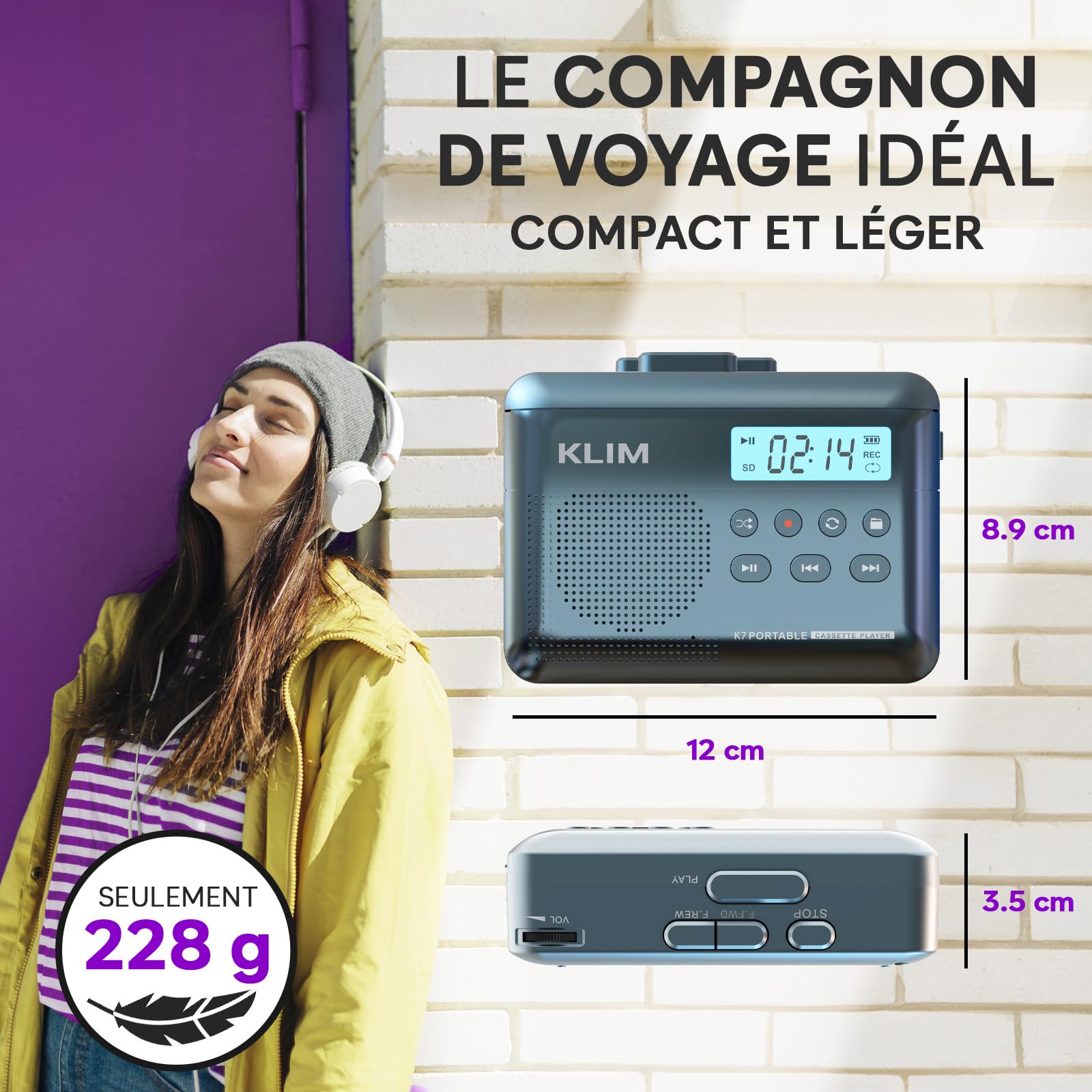 Cassette Player KLIM K7 - Lecteur Cassette Audio - Convertisseur Audio en MP3 - Microphone et Haut-Parleur intégrés - Batterie Rechargeable - Ecouteurs - Carte SD 16GB - Bleu