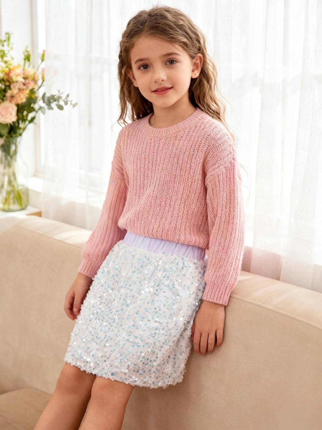 Sparkly Sequin Skirt for Girls Toddler & Kids Elastic Waistband Skirts with Lining - Image 3