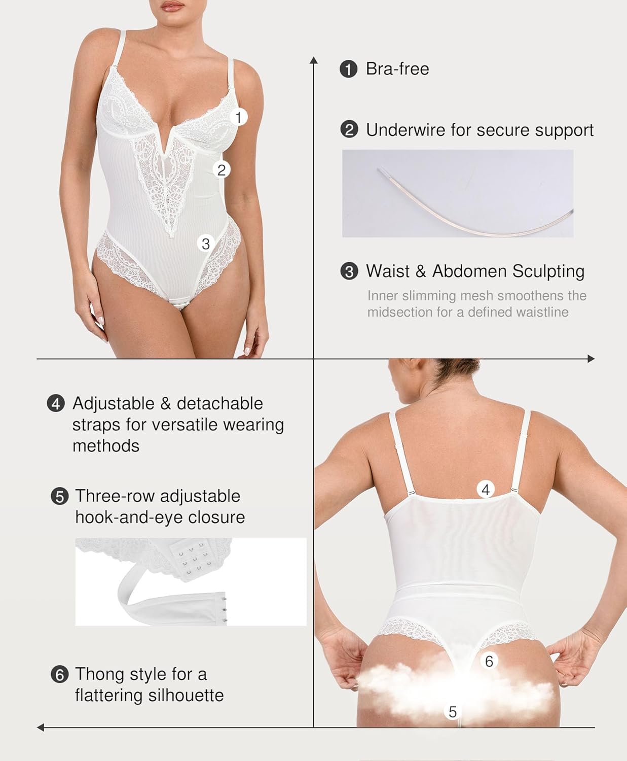 Popilush Shapewear Bodysuits for Women Lace Corset Tops Tummy Control V Neck Sleeveless Body Suit Thongs - Image 3