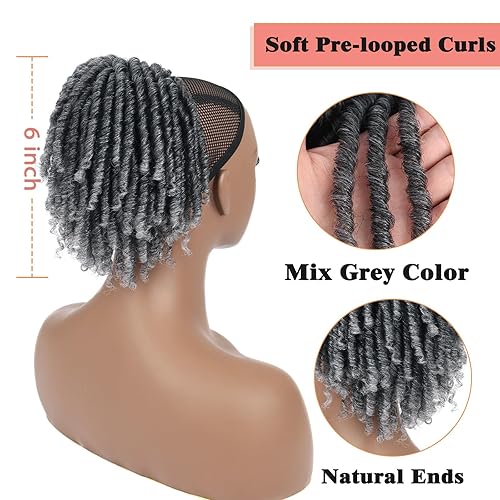 Miniatura 4 de Oseti Cola de caballo corta gris con cordón para mujeres negras, 6 pulgadas, cola de caballo rizada gris, extensiones de cabello con clip en colas