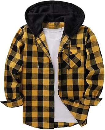 Mens Flannel Hoodie Shirt Casual Button Down Plaid Jacket Shirts Fall Fashion Stylish Long Sleeve Shirts with Pocket