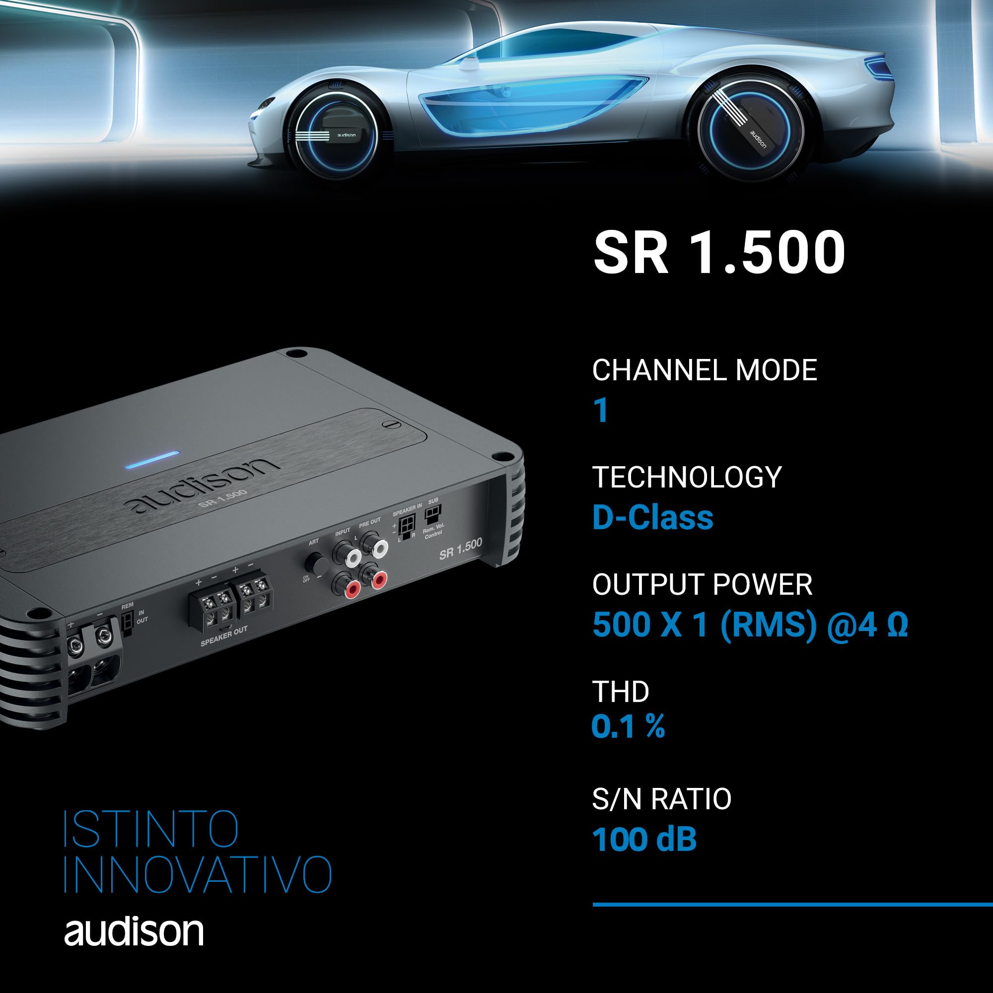 Audison SR 1.500 Amplificateur Mono Classe D pour Système Audio, Technologie ADC et USS, Filtres Réglables, Entrées Double Niveau, 1000W RMS, 1 Ohm, Noir