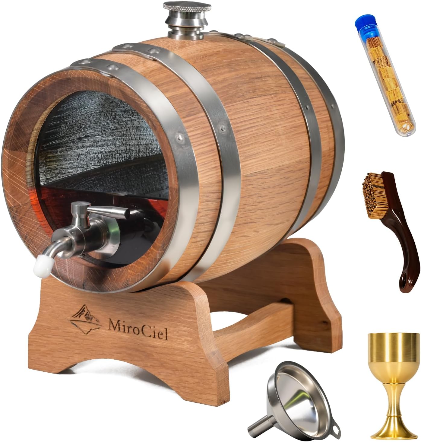 1.5 Liter Visualized Oak Aging Barrel : Mini Charred Oak Whiskey Barrels with Stand, Bung & Spigot - For Personalized Age Cocktails, Bourbon, Whisky, Tequila, Rum, Mead Wine, Beer