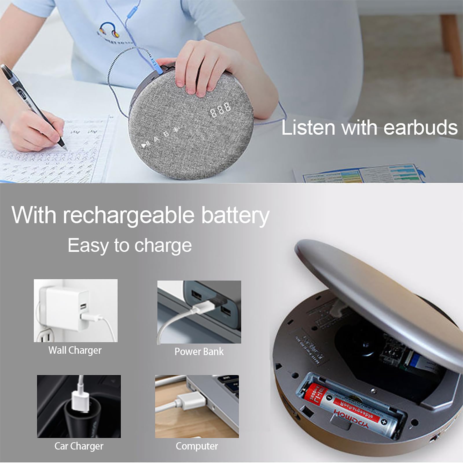 Reproductor CD Portátil, Altavoces Estéreo Bluetooth, Compatible Reproducción Disco U/Reproductor De MP3, Entrada/Salida Auxiliar, para Escuchar Tus Canciones Favoritas Cualquier Momento
