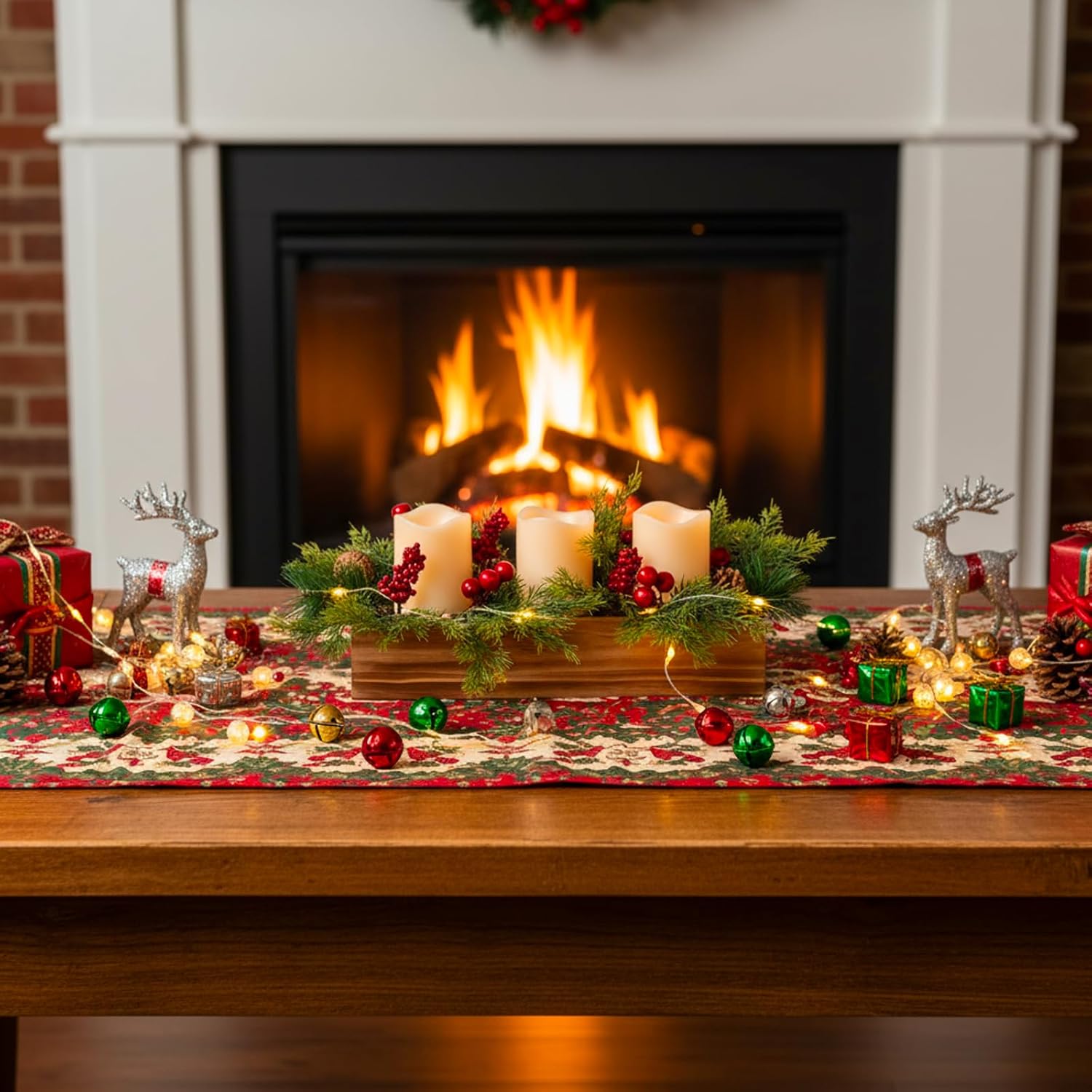 Christmas Table Centerpieces with 3 Flameless LED Candles, Pine Cones and Red Berries, Rustic Wood Candle Holders Centerpiece for Holiday Dining Table, Home, Xmas Party Decoration