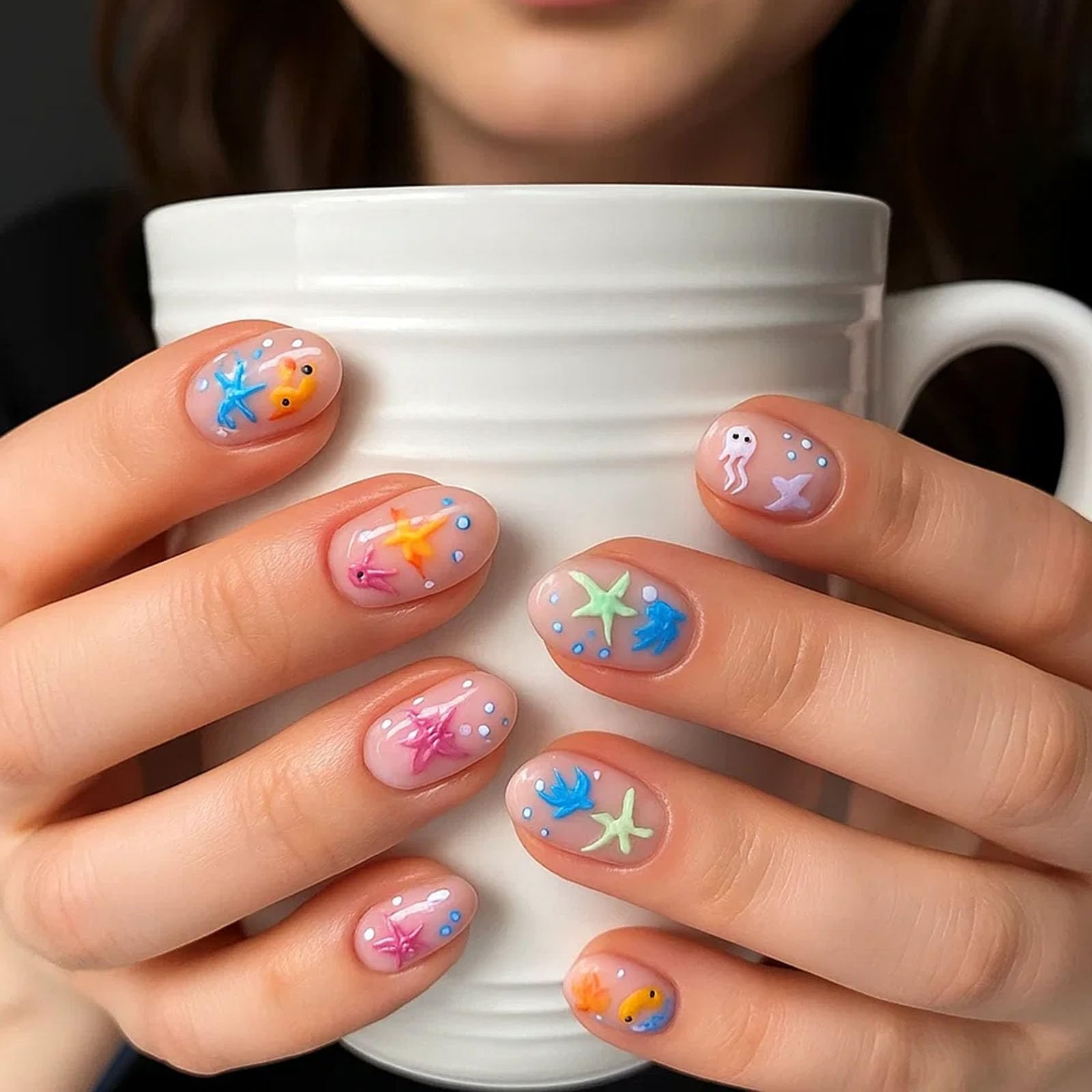 Transparent Blue Ocean Theme Oval False Nails with Colourful Starfish Fish & Glitter - Image 4
