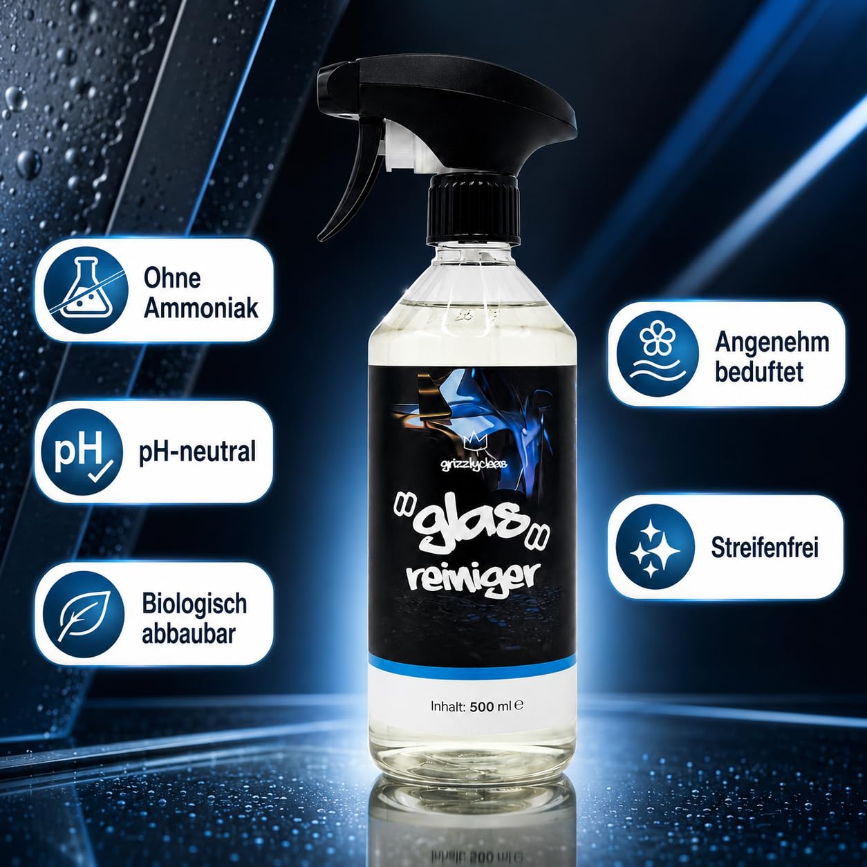 Grizzly Clean środek do czyszczenia szyb samochodowych – środek do czyszczenia szyb samochodowych zapewnia dobrą widoczność – środek do czyszczenia szyb samochodowych usuwa tłuszcz, nikotynę i resztki