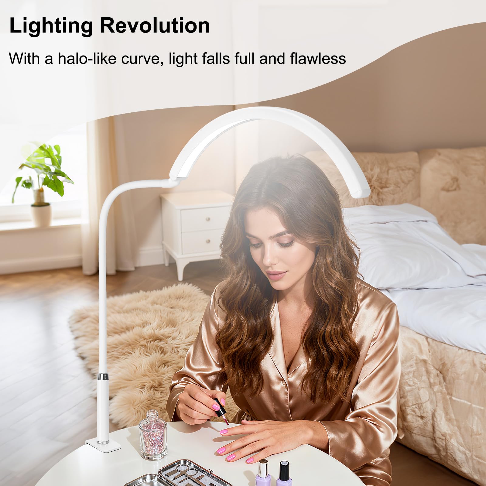 Lampada da scrivania professionale a LED a mezza luna per nail tech e artisti, lampada flessibile a collo di cigno con morsetto, 3 modalità di colore e 5 livelli di luminosità per manicure