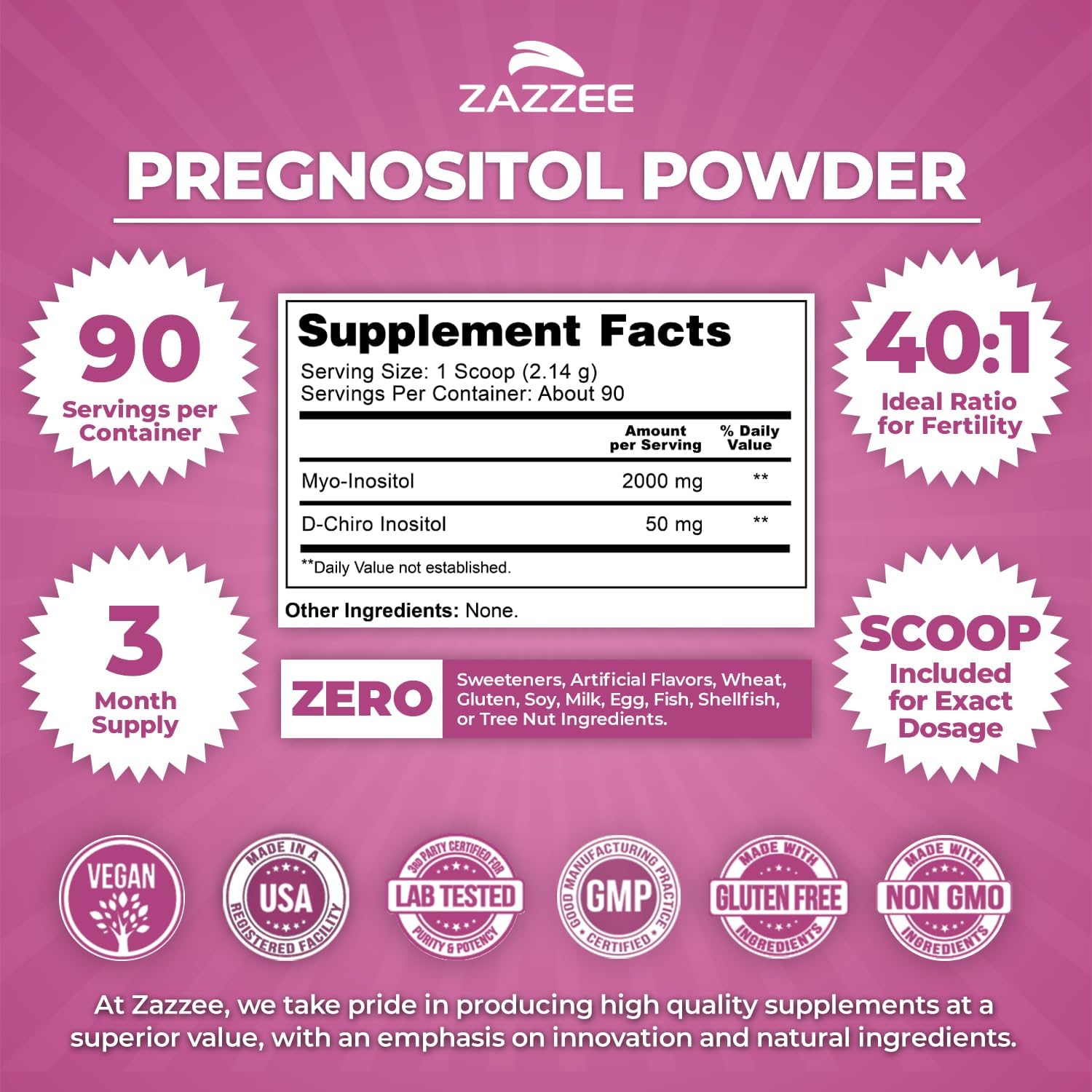 Zazzee PREGNOSITOL Powder, 3 Month Supply, Myo-Inositol and D-Chiro-Inositol 40:1 Fertility Blend, Free Scoop for Exact Dosage, Premium Balanced Formula, 90 Servings, Vegan, All-Natural and Non-GMO - Image 2
