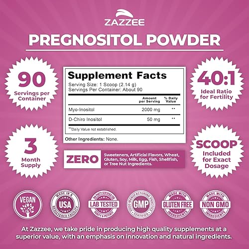 Miniatura 2 de Zazzee PREGNOSITOL en polvo, suministro de 3 meses, mezcla de fertilidad 401 de mio-inositol y D-quiro-inositol, cuchara gratuita para dosis exacta,