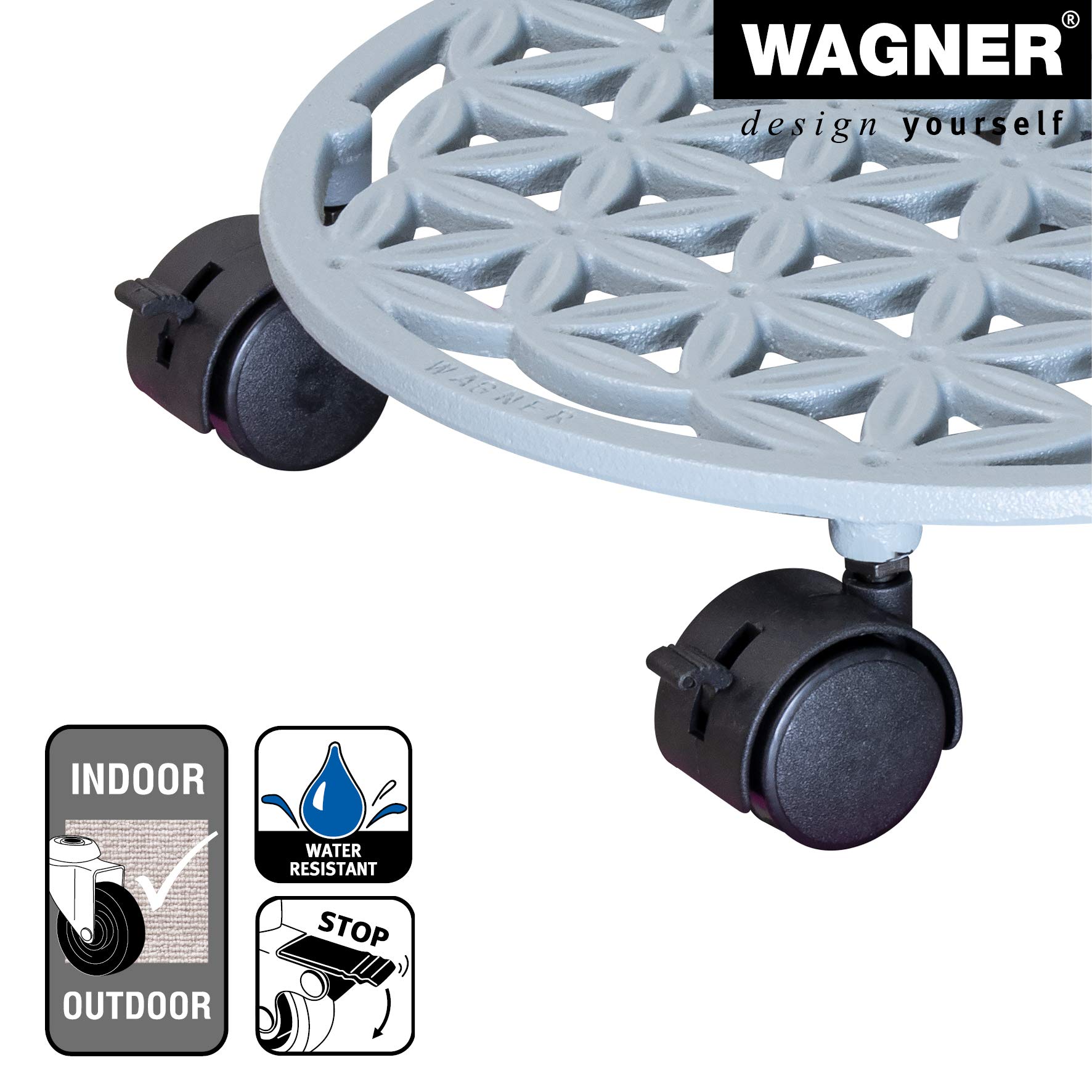 WAGNER Support à roulettes pour pot de fleur FLEUR DE VIE Ø 29 x 6,5 cm I Pour l'intérieur + l'extérieur I Roule pot en fonte, blanc papyrus I 2 freins I Capacité de charge 50 kg- 20091901