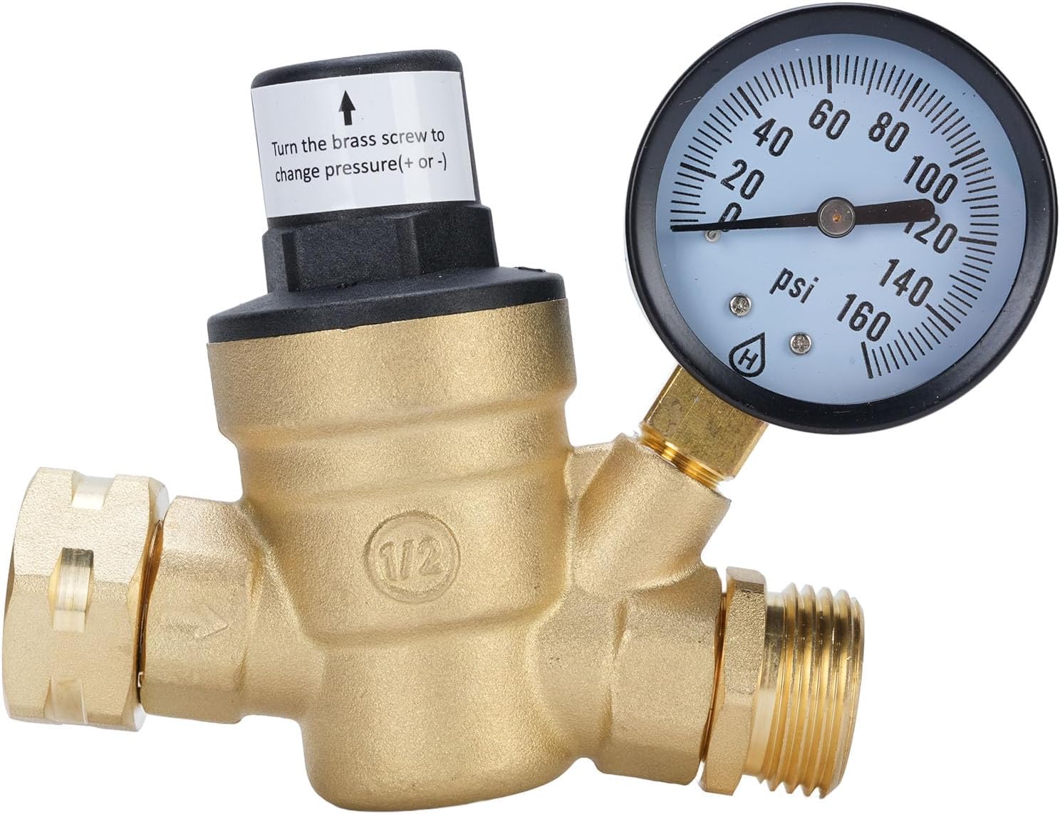 RV Water Pressure Regulator, Brass Free Adjustable Water Pressure Reducer Valve with, for RV Travel Trailer