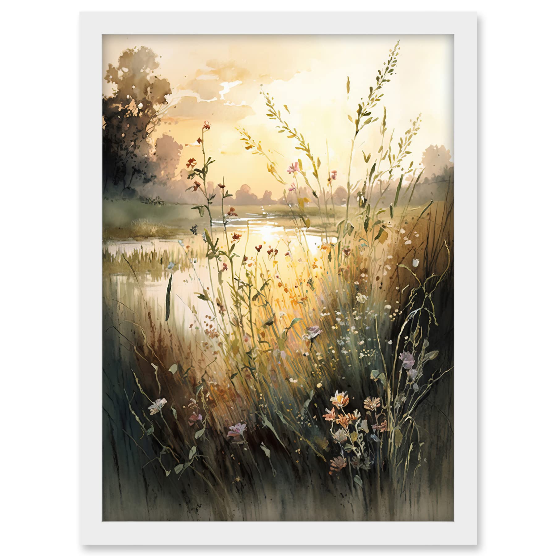 Artery8 Serene Lakeside Landscape with Wildflowers at Dawn Modern Watercolour Painting Artwork Framed A3 Wall Art Print