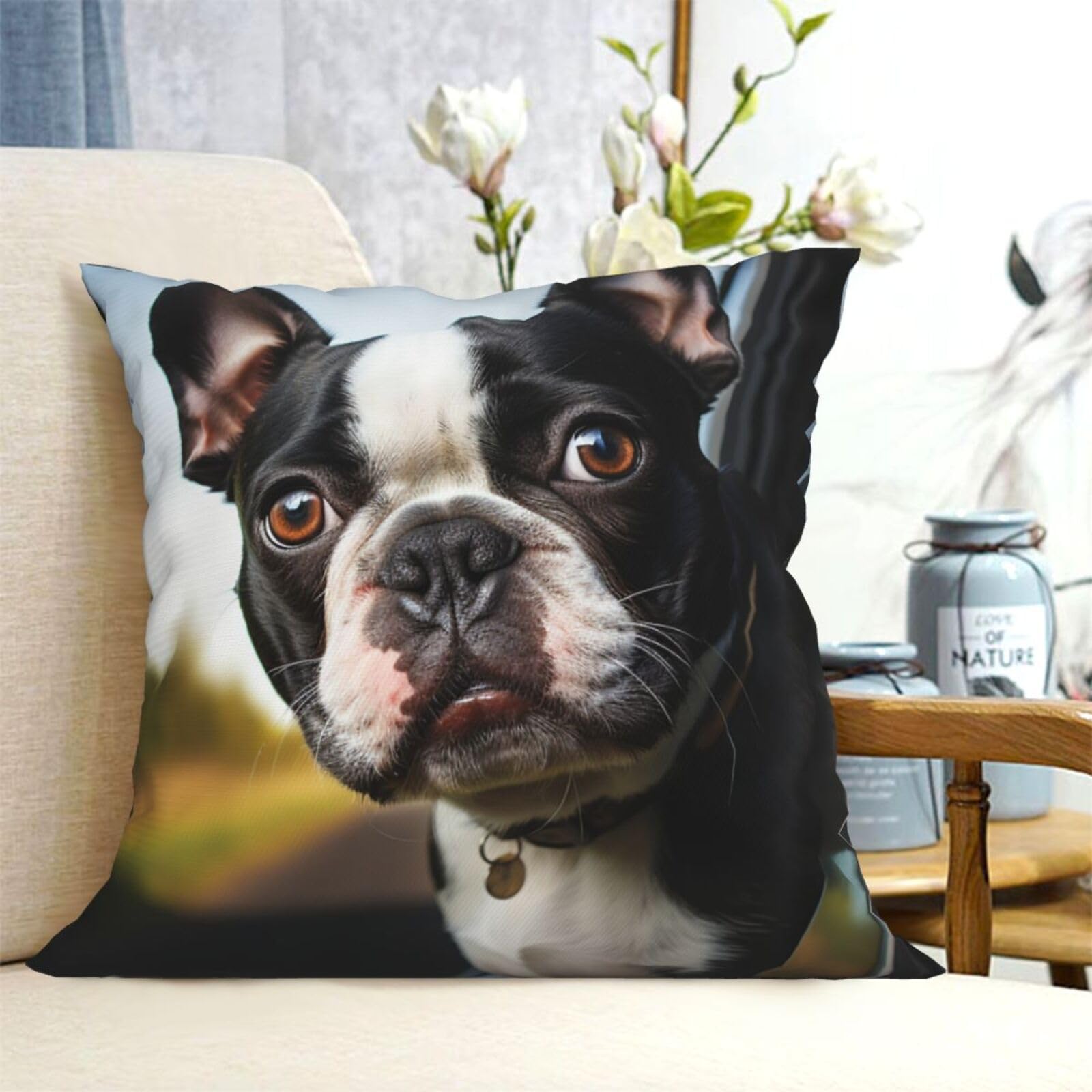 Fodpand Black Decorative Throw Pillow Covers 18"X18" Puppy Dog Boston Terrier Cushion Cases Square Modern Farmhouse Pillow Cases Soft Cozy Cushion Covers For Couch Sofa Bedroom Home Decor Pillowcase