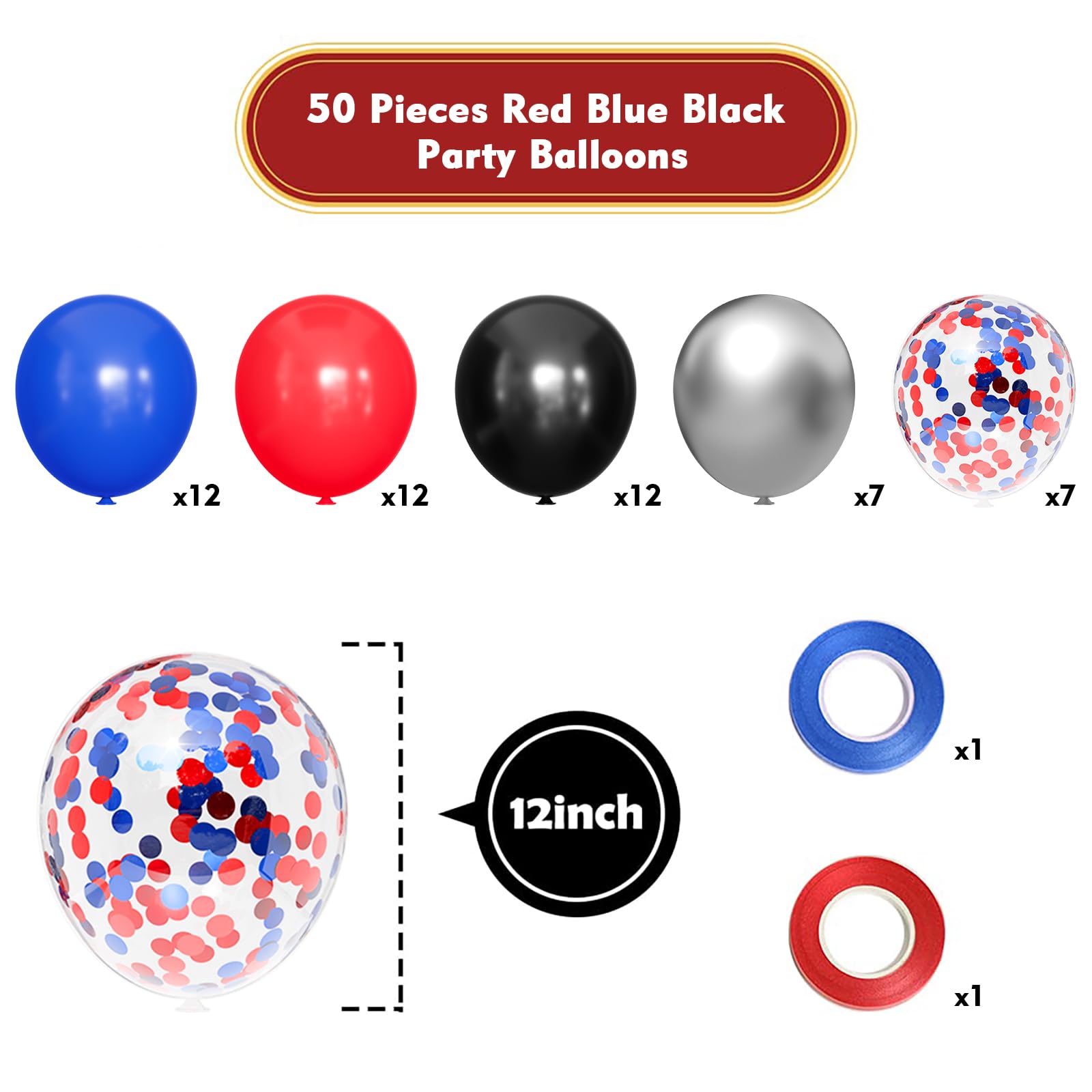 Renjiro Red and Blue Balloons,50pcs 12 Inch Black Red Blue Confetti Silver Latex Balloons for Man Boys Kids Baby Shower Birthday Graduation Party Decorations
