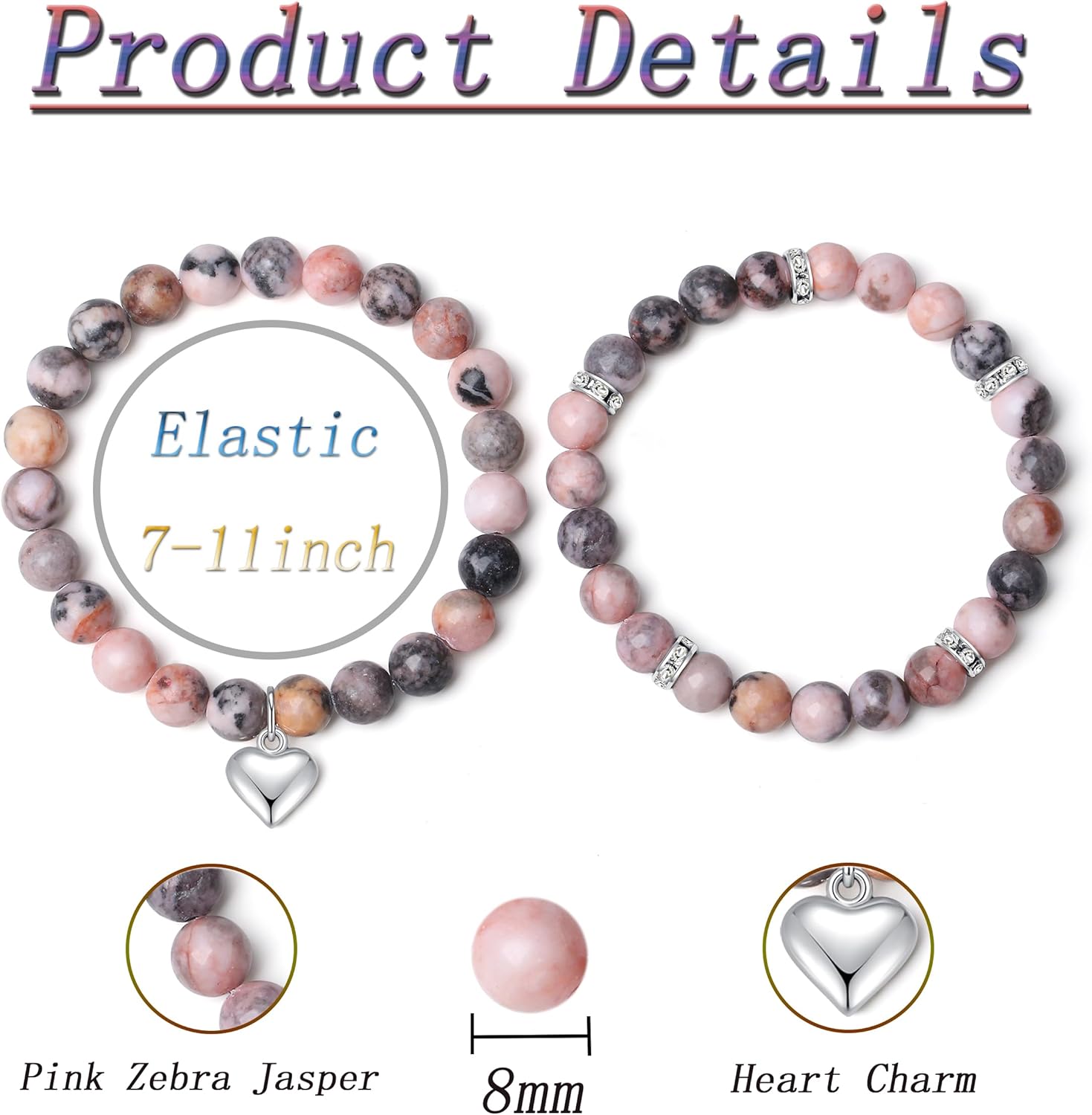 DUQGUHO Heart Bracelet for Women Healing Crystals Bracelets 8mm Love Charm Bracelet for Women Natural Stone Stretch Beads Bracelet Gifts for Women 2Pcs - Image 5