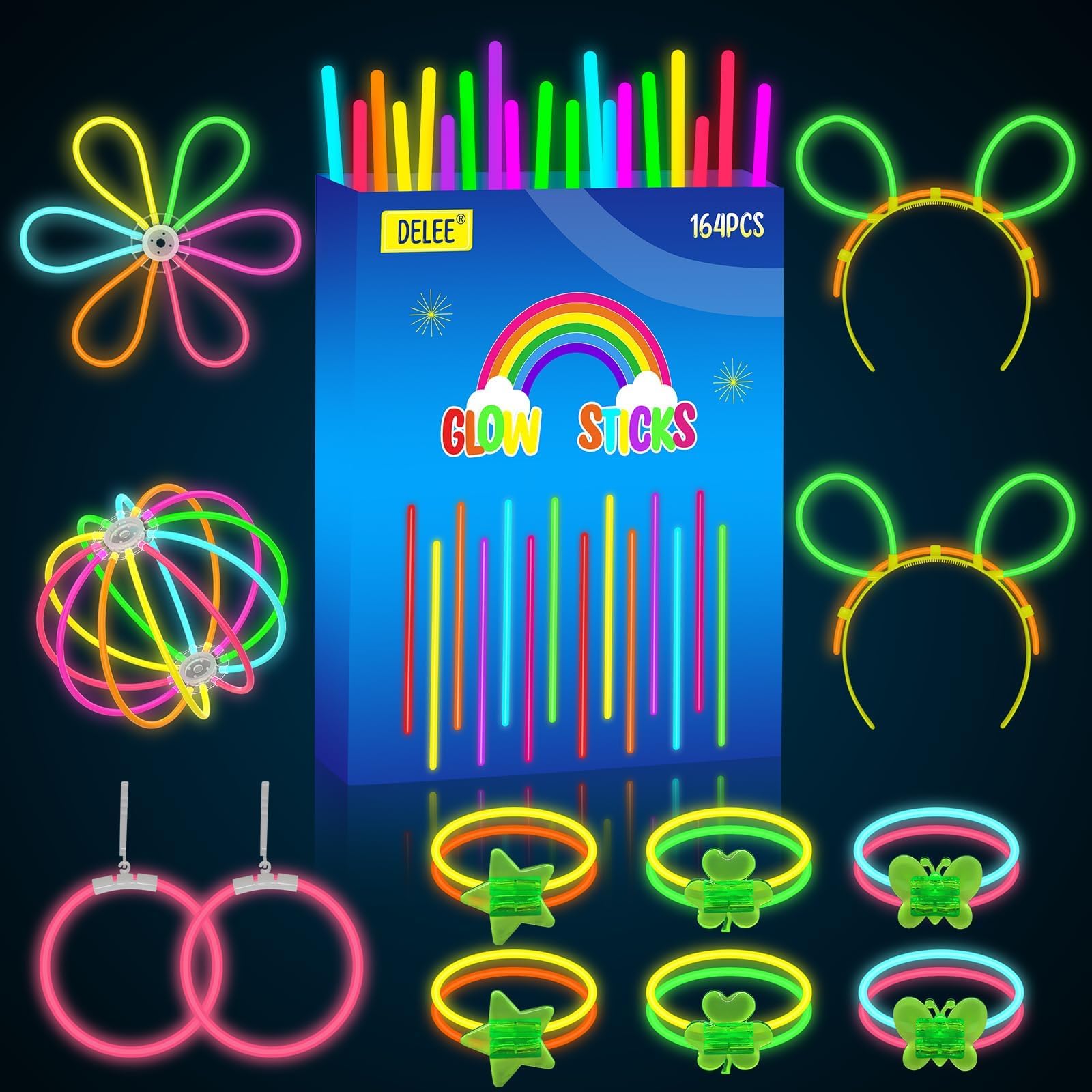 164PCS Glow Sticks, Glowsticks Party Pack,Glow in Dark Party Supplies,with Bracelet Butterfly Connectors,Flower,Glow Neon Necklaces for Kids Party Festival,Halloween Decoration