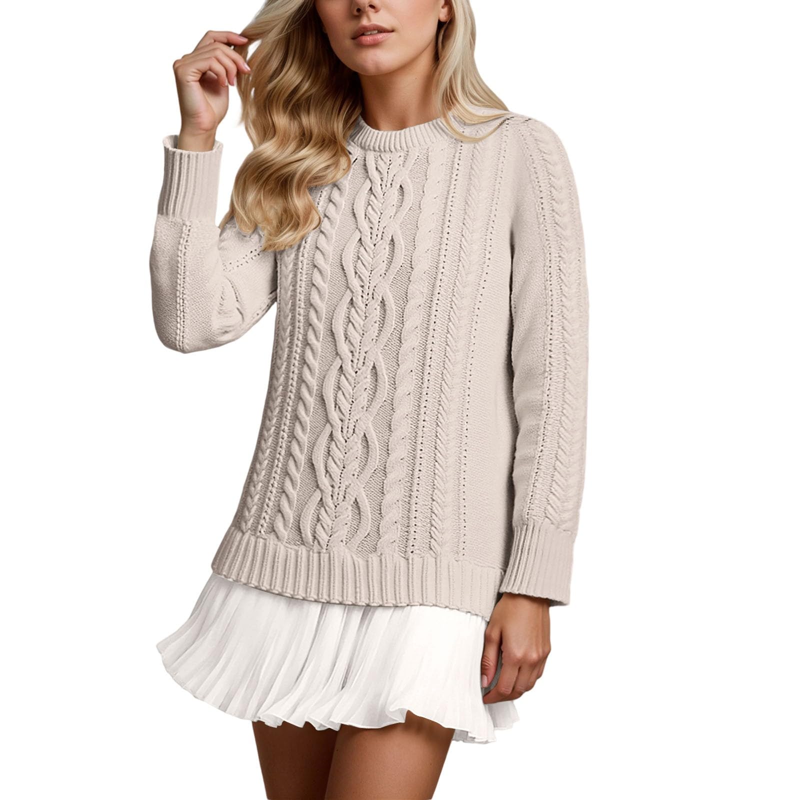 Womens Chunky Cable-Knit Sweater Dress with Pleated Mini Skirt Long Sleeve Crewneck Twofer