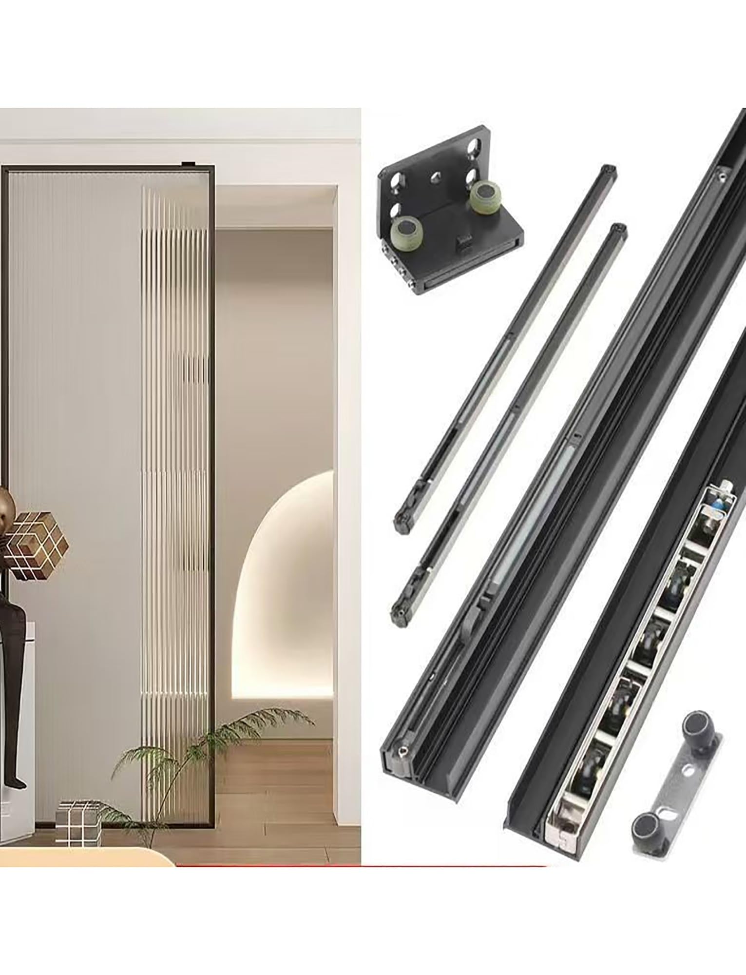 Ghost Door Hardware Kit: Unsichtbare Schiene und geräuschloser Puffer for Schiebetüren, passend for Holz-/Aluminiumtüren(3.9ft