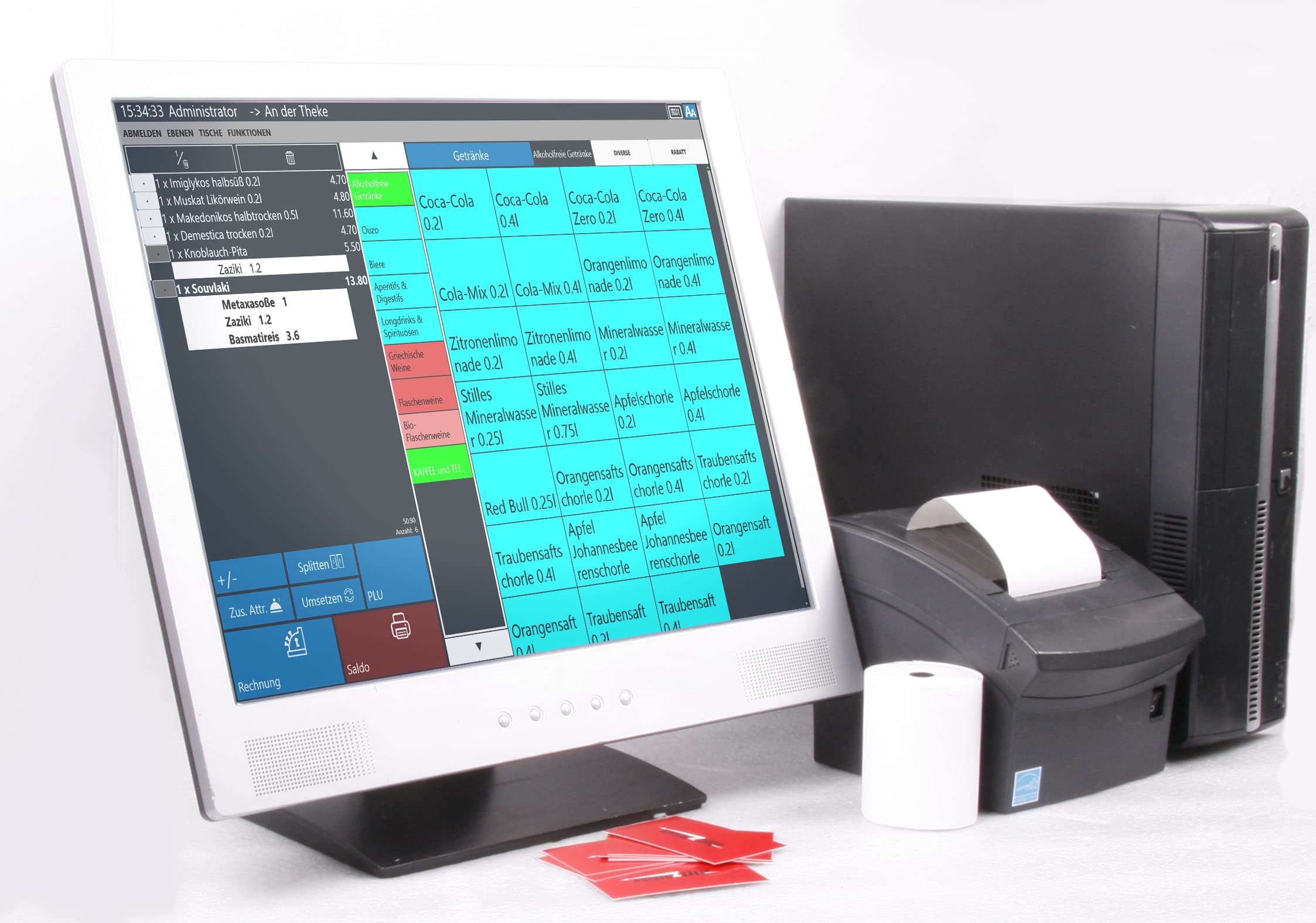 Gastronomie Kassensystem 19" für Restaurant & Biergarten – POS Kasse mit Tischverwaltung bis 50 Tische – Touchscreen, Bondrucker – ohne Abo – TSE-konform – BLITZKASSE