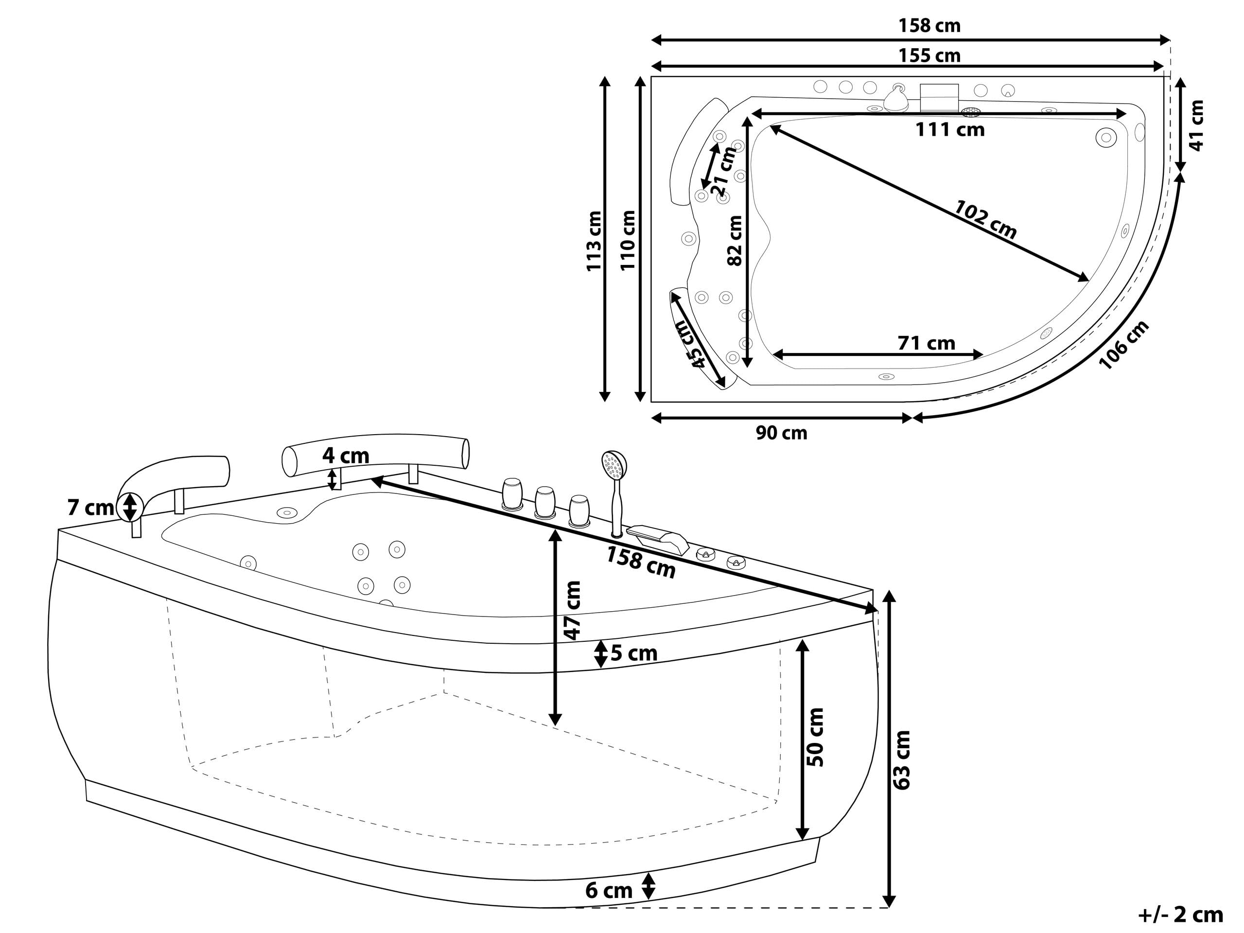 Whirlwanne Badewanne Schwarz Rechts Sanitäracryl mit LED 158 cm x 113 cm Paradiso