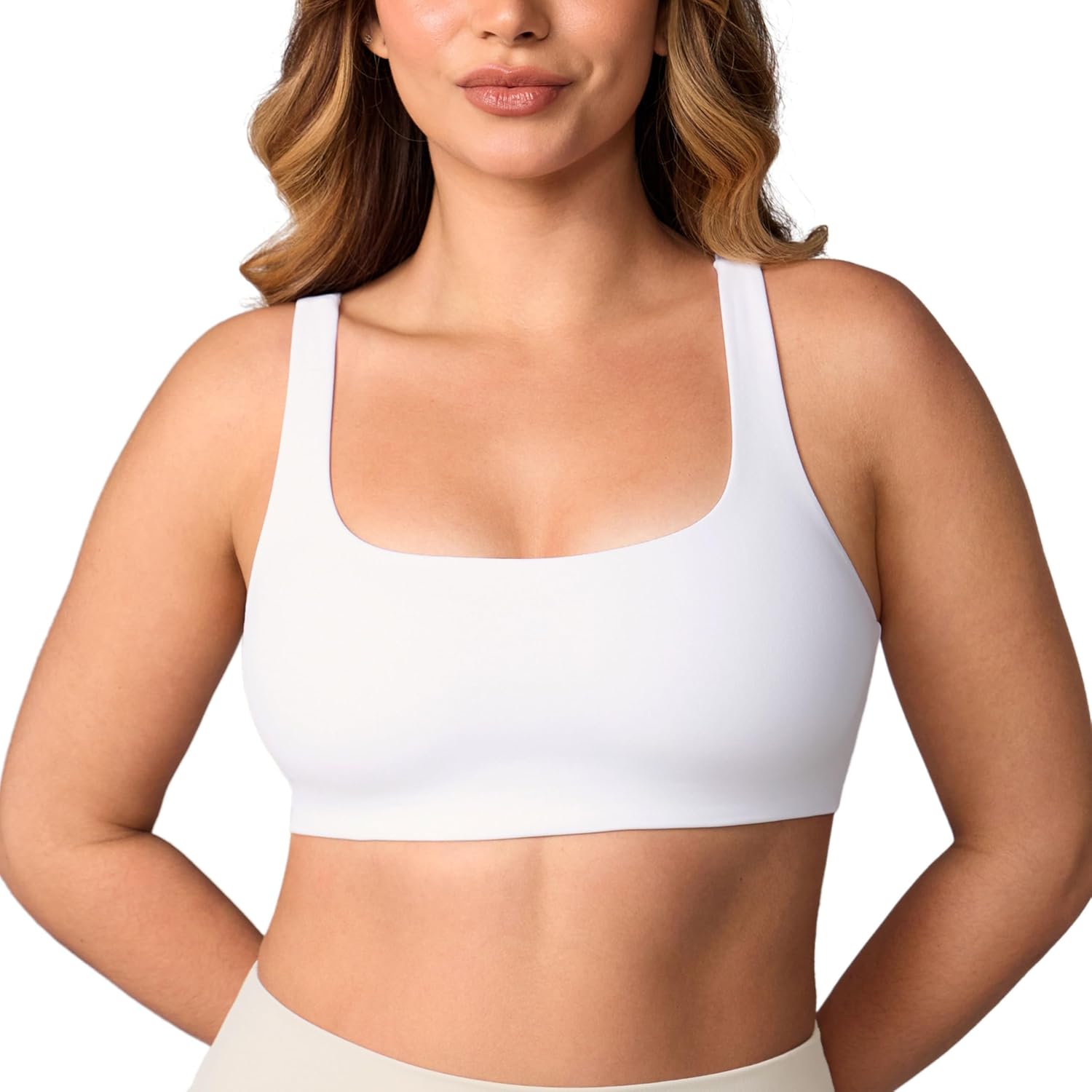 UNISSU Hugcurve Double Lined No Padding Sports Bra Scoop Neck Cross Back Convertible Wireless Yoga Workout Crop Top