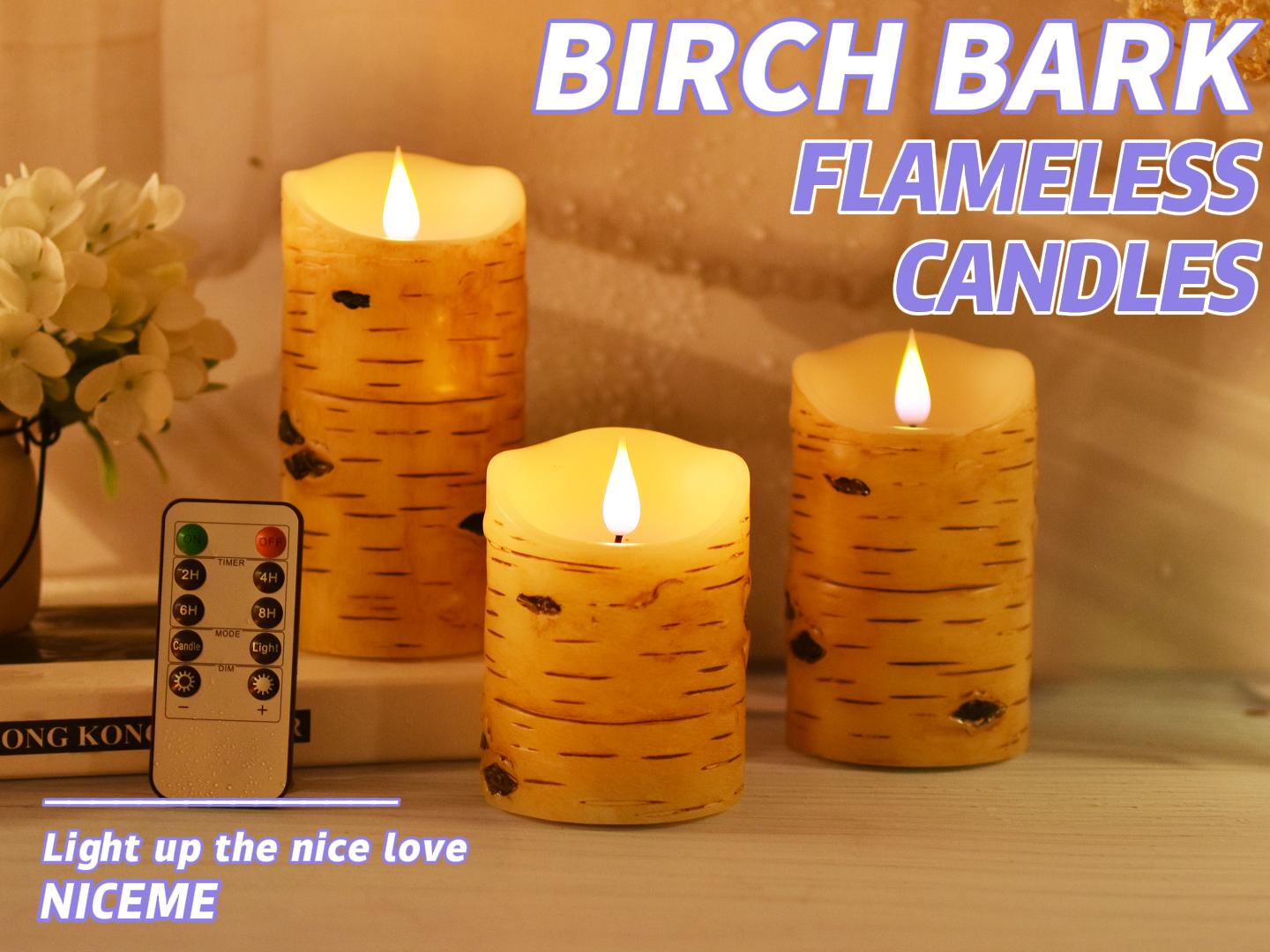 NICEME Flameless Candles Set Of 3 - Real Wax Pine Bark LED Candles With Remote & Timer