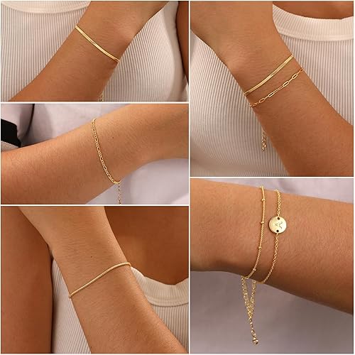 Miniatura 3 de Pulseras de oro para mujer, 6 piezas chapadas en oro real de 14 quilates con letras A-Z apilables para ajustable de 6 pulgadas + 2 pulgadas