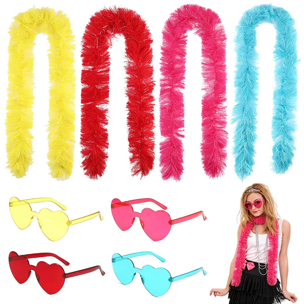 4PCS Colorful Feather Boas, Multipack Feather Boa for Women, for Dancing Wedding Party Cosplay Halloween, Artificial Fluffy Boa Decorations with Heart Rimless Sunglasses (Blue,Yellow,Pink,Red)