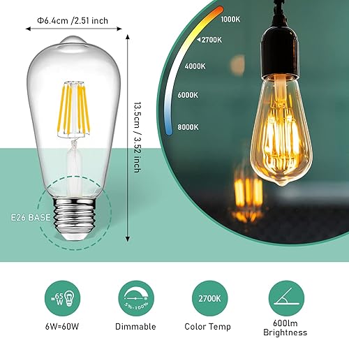 Miniatura 2 de Bombillas LED Edison vintage, equivalente a 6 W, 60 W, blanco cálido de alto brillo, 2700 K, bombillas de filamento LED antiguas ST64 con CRI de
