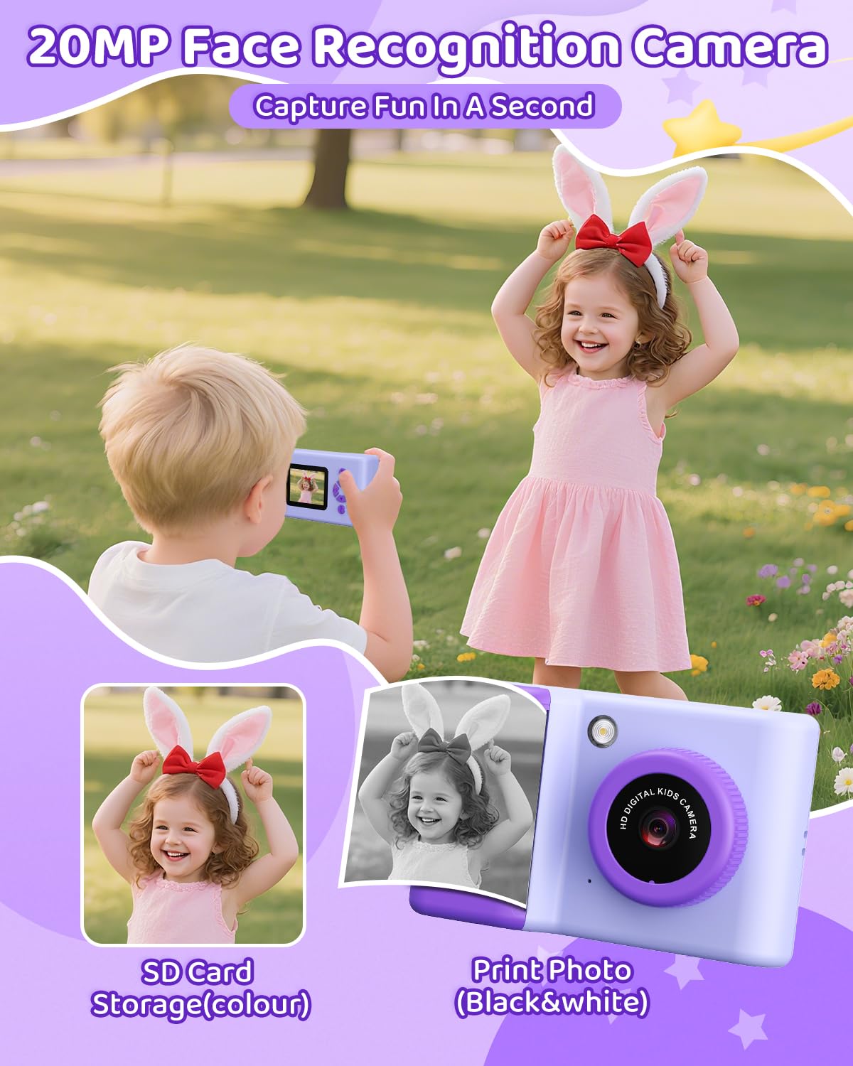 Macchina Fotografica Bambini Istantanea, 2,4 Pollici Fotocamera Istantanea Bambini 20MP 1080P Fotocamera Digitale con 32GB Scheda, Carta da Stampa, Flash LED, Regalo per Bambina e Bambino 3-12 Anni