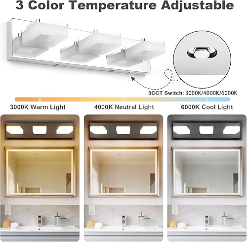 Miniatura 2 de Lámparas de baño regulables de 3 colores sobre el espejo, luces LED cromadas, 3 luces de tocador de baño de acero inoxidable acrílico, 3000 K4000