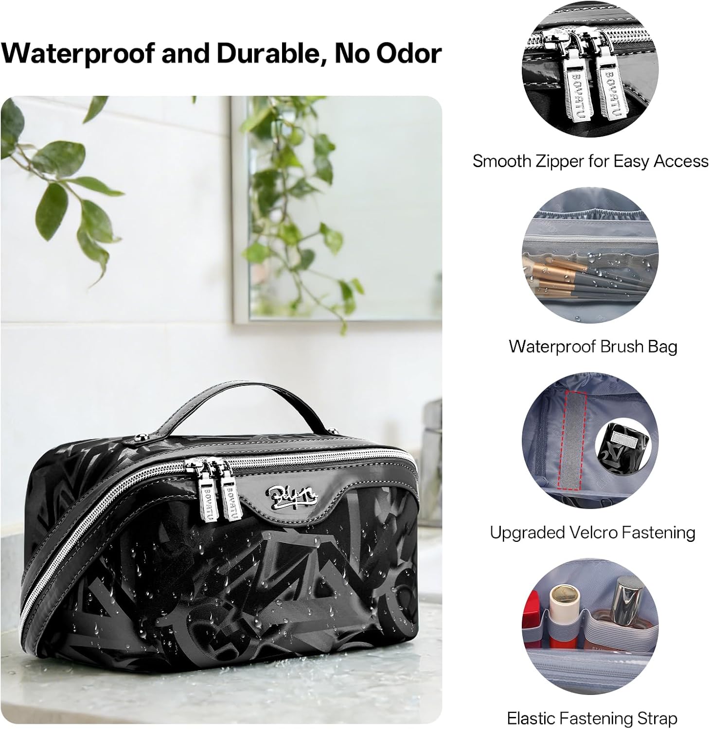 BOYATU Travel Makeup Bag for Women: Y2K Aesthetic Personalized Glossy 3 Pcs Set Cosmetic Organizer Bag - Trendy Statement Toiletry Pouches for Forward Women - Stand Out at Festivals & Trips(A-2-Black)