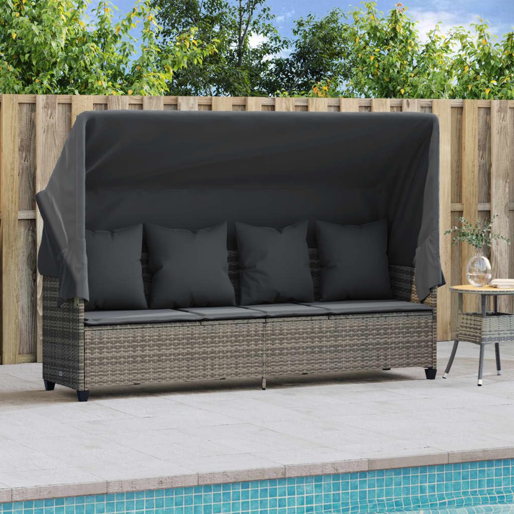 Homgoday Chaise Longue avec Auvent et Coussins Gris Résine Tressée, Bain de Soleil de Jardin, Lit de Camping Transat de Relax pour Plage, Extérieur, Balcon, Terrasse B