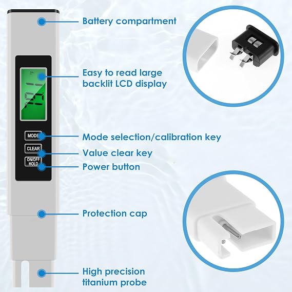 Water Quality Tester, Accurate TDS Water Meter, Fast and Easy Water Test Meter, Digital Water Tester, Multifunctional TDS Meter EC Meter Temperature Meter for Drinking Water Hydroponics Aquarium