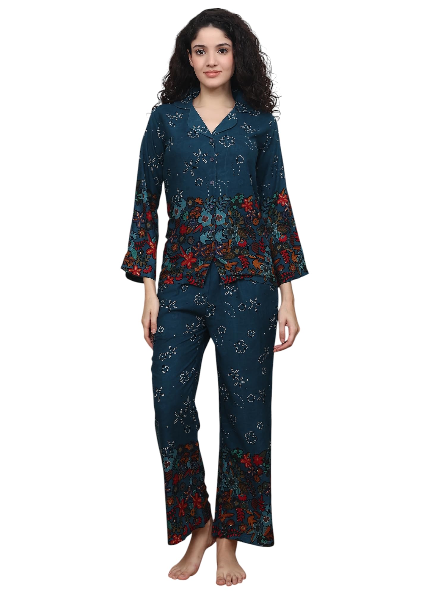 claura Women's Floral Print Cotton Night Suit, Teal Blue Long Sleeve Pajama Set with Decorative Border Pattern, Button-Down Top and Full Length Pants-picture-40