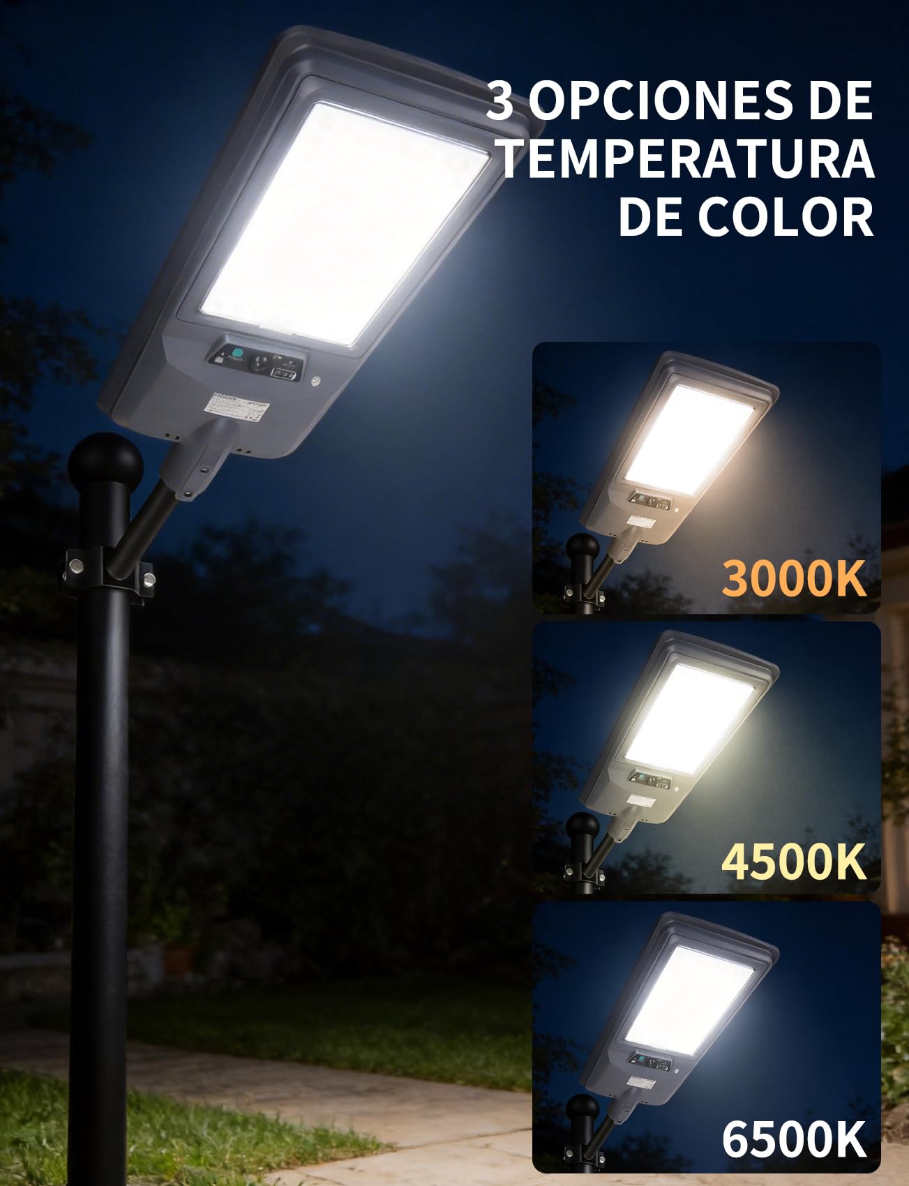 Aigostar 400W Farola Solare Exterior, 20000mAh Batería de Gran Capacidad, 3000K/4500K/6500K Ajustables, 4000LM, IP65, No Incluye Soporte, Farola LED con Sensor para Patio, Entrada del Garaje, 2Uds