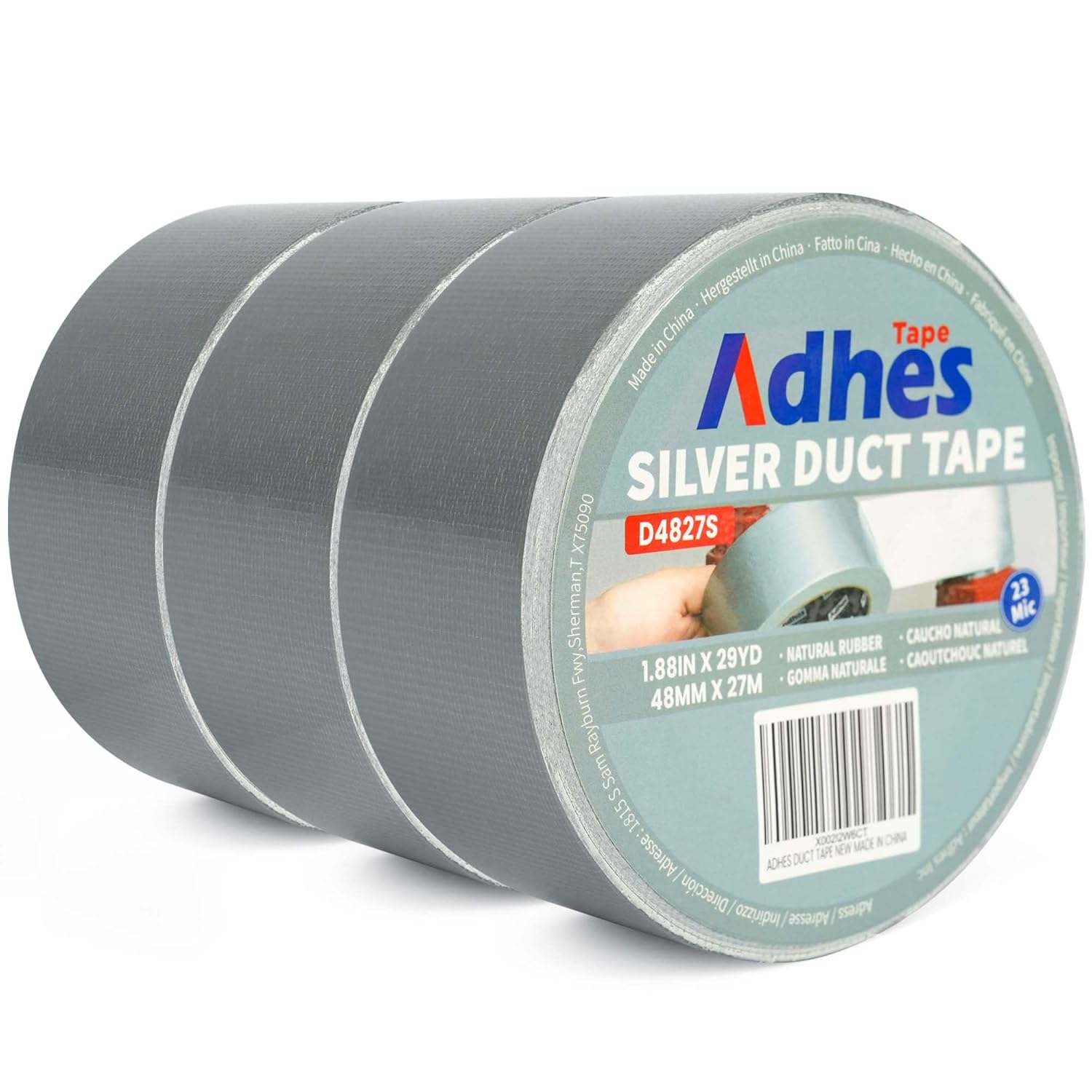ADHES Heavy Duty Sliver Duct Tape 3 Rolls, 1.88inch x 30yd, Waterproof, Tearable, Strong Adhesion for Repairs, Sealing & DIY Projects，All Weather,UV-Anti Multifunctional