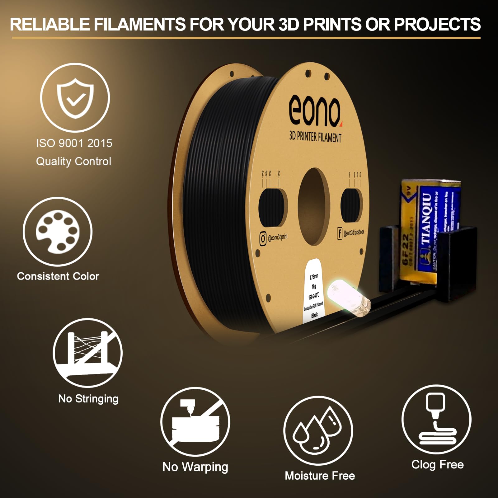 EONO Elektrycznie przewodzący filament PLA 1,75 mm, przewodzący filament do drukarki 3D, Conductive PLA 1 kg, dokładność pomiaru +/- 0,03 mm do drukarki FDM, czarny