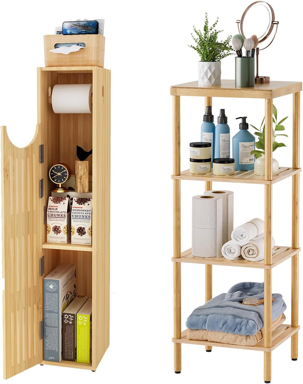 AmazerBath 4-Tier Bamboo Bathroom Shelf and AmazerBath Toilet Paper Storage Cabinet Bamboo