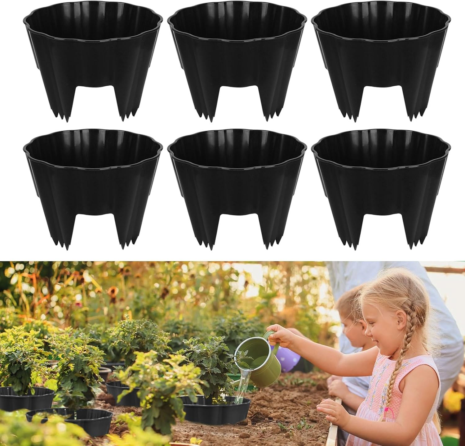 6 Pack Round Planting Grow Rings,10" Planting Protective Round Edging, Plant Support Rings to Protects Plants, Deep Watering Plant Collars for Vegetables Herbs Flowers (Black)