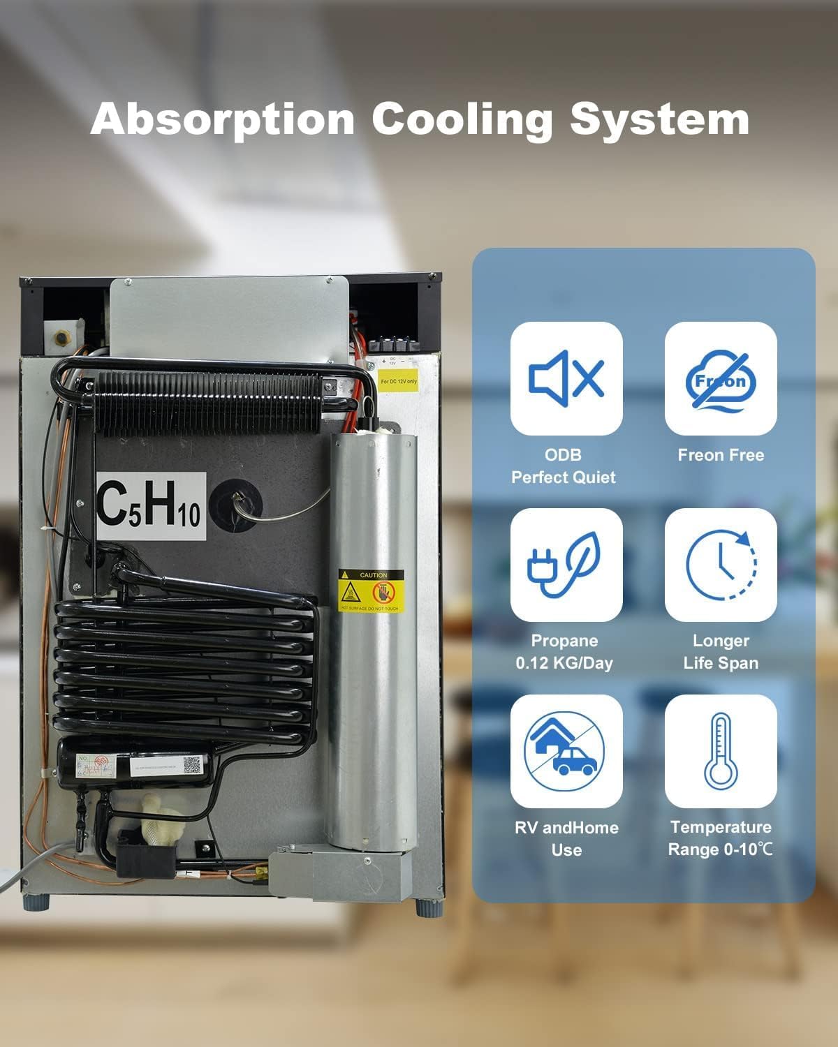 Rear view of the refrigerator showing the absorption cooling system components.