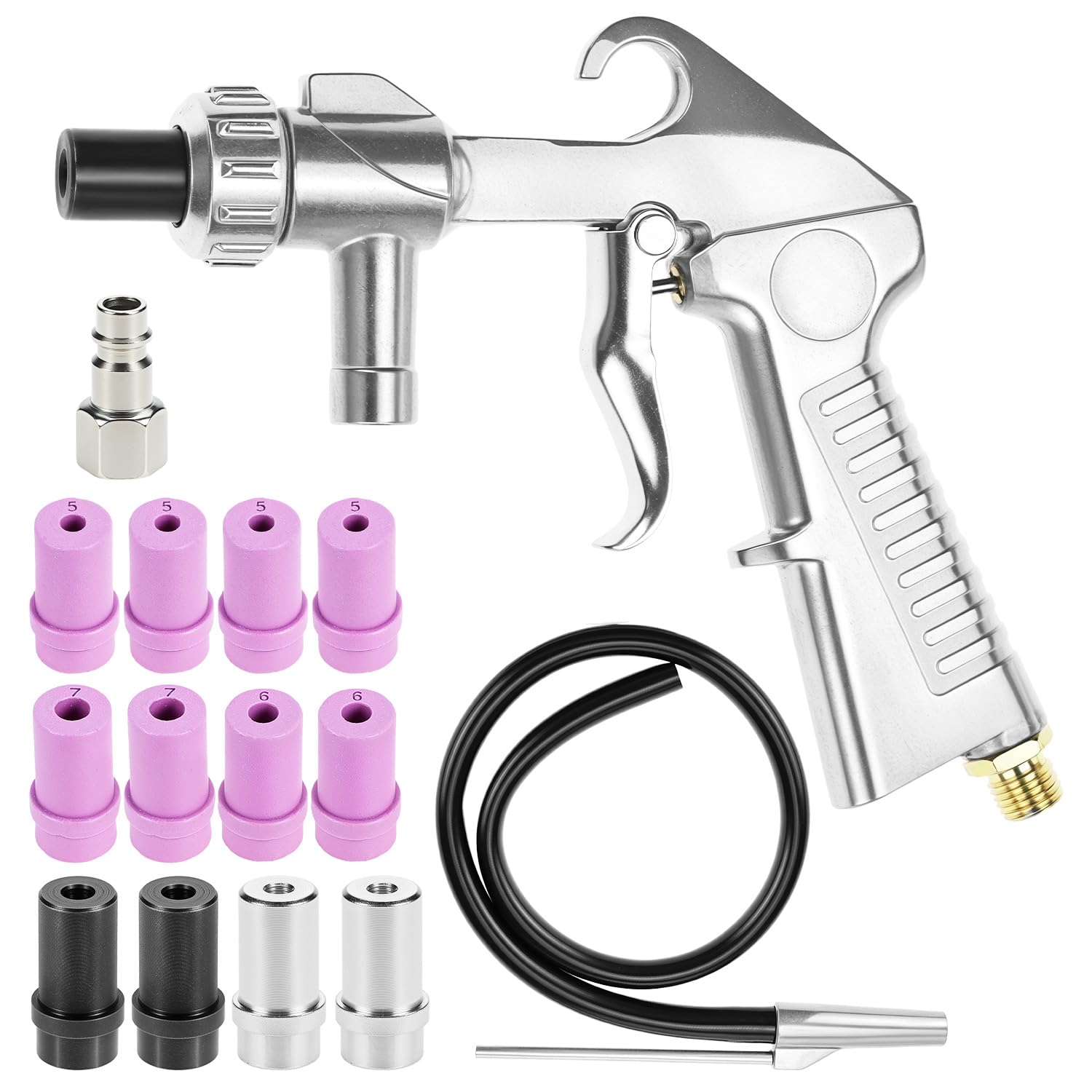 QWORK® Pistolet sablage à air comprimé kit, avec 12 buses, tuyau en caoutchouc et raccord rapide, pour des applications de nettoyage polyvalentes