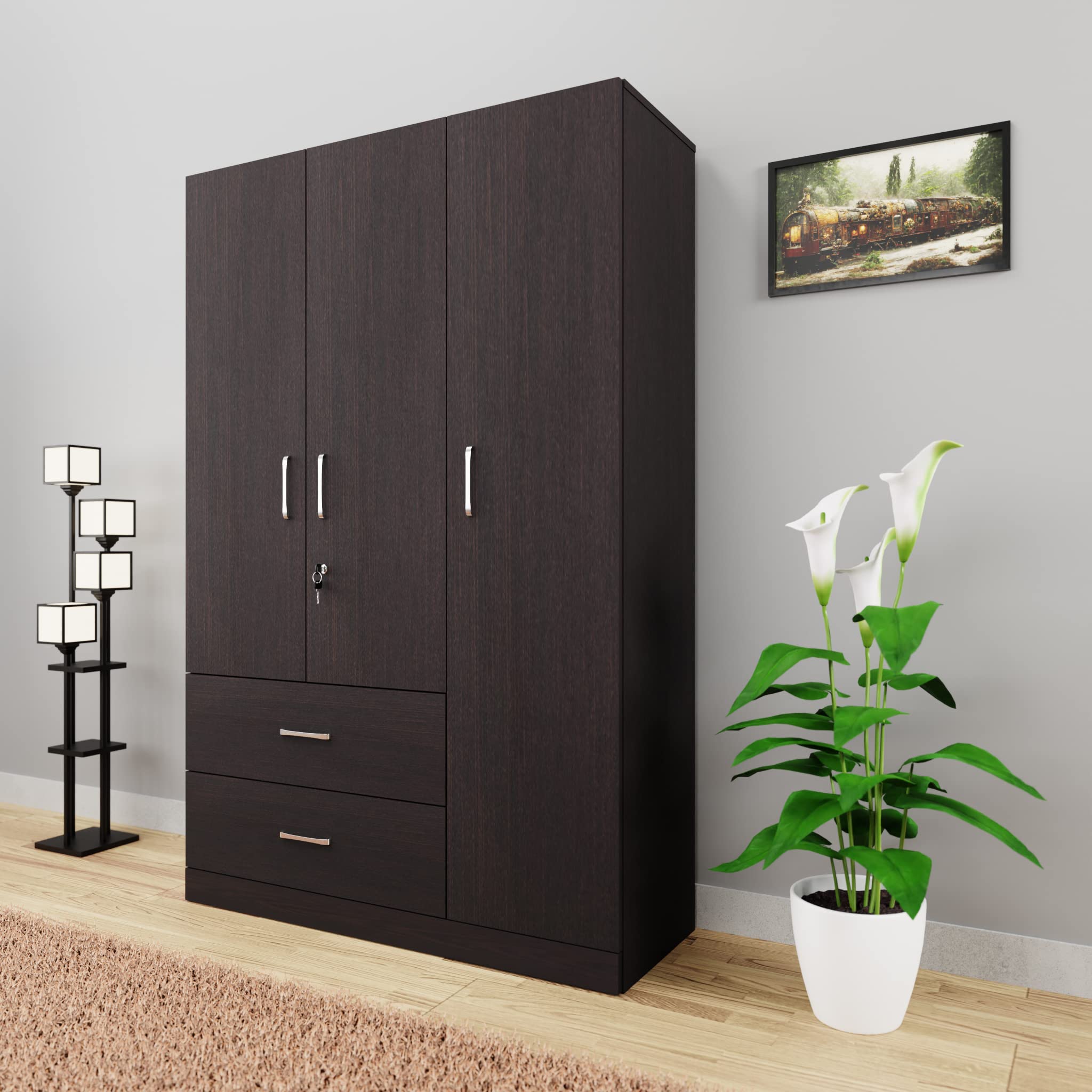 viki wardrobe | wooden almirah for clothes,door for bedroom, 3 door wardrobe with drawer & hanging space (dark wenge - 40d x 120w x 180h) | 1 year warranty | free assembly