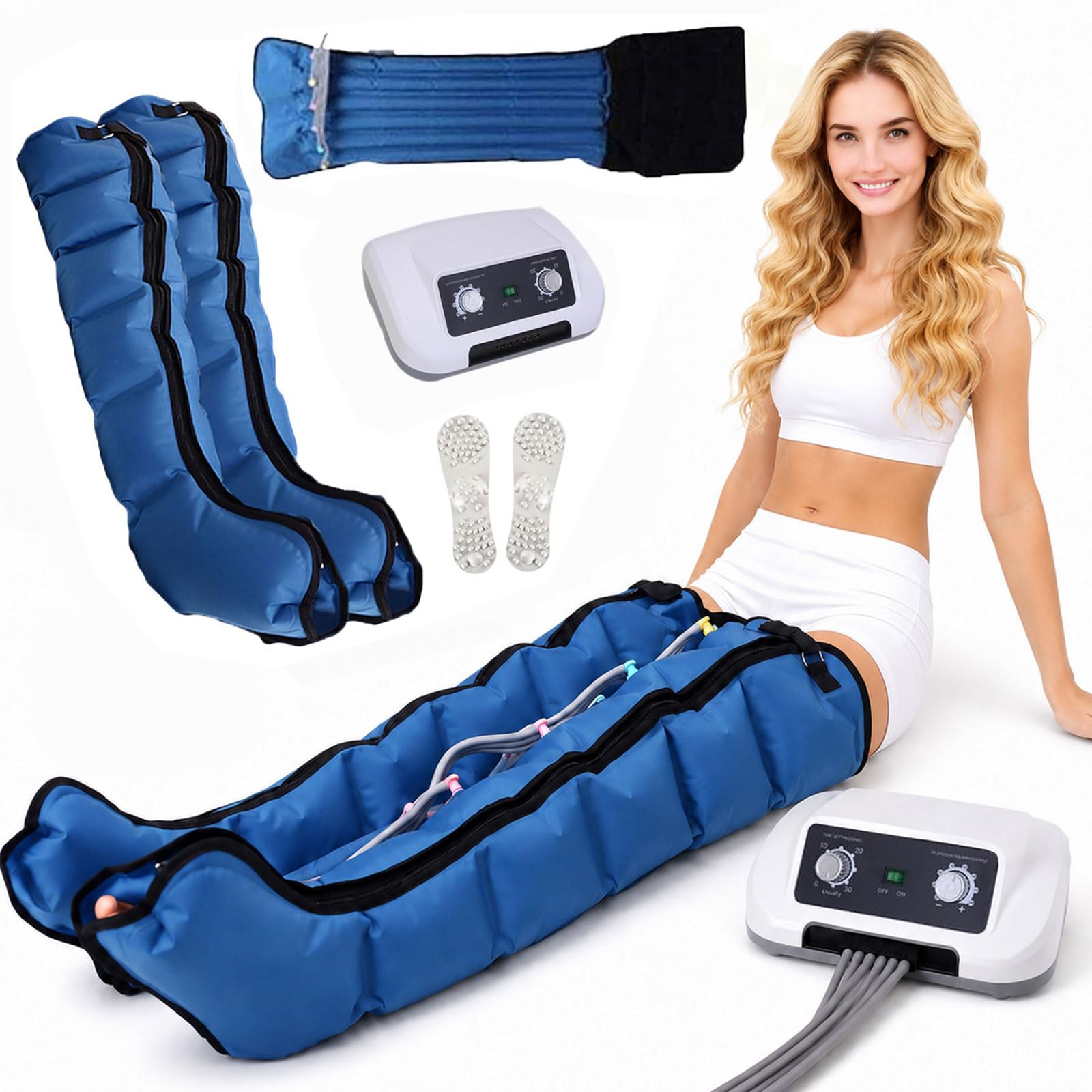 Kompressions-Beinmassagegerät mit 6 Luftkammern für beide Beine, Blau
