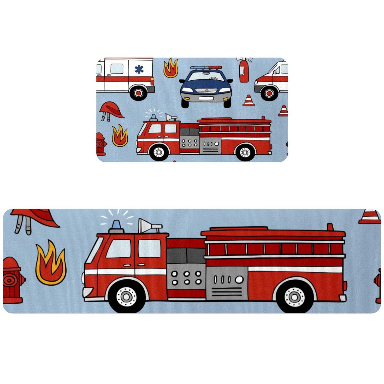 Tapis de sol cuisine et buanderie lot de 2 tapis imprimés camions de pompiers